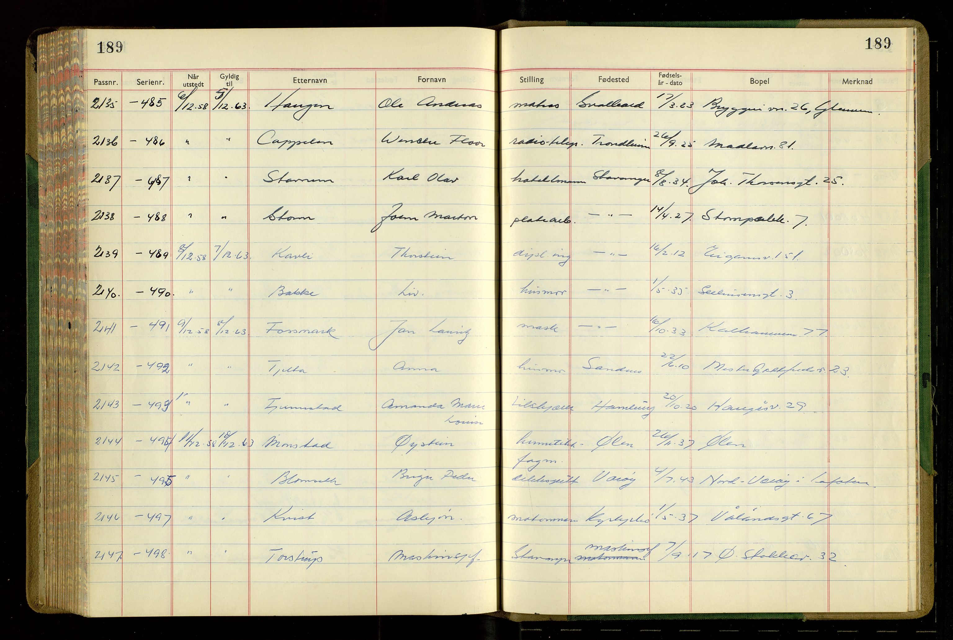 Stavanger politikammer, AV/SAST-A-100361/001/H/Hc/Hcd/Hcdb/L0006: "Passprotokoll", 1957-1959, p. 189