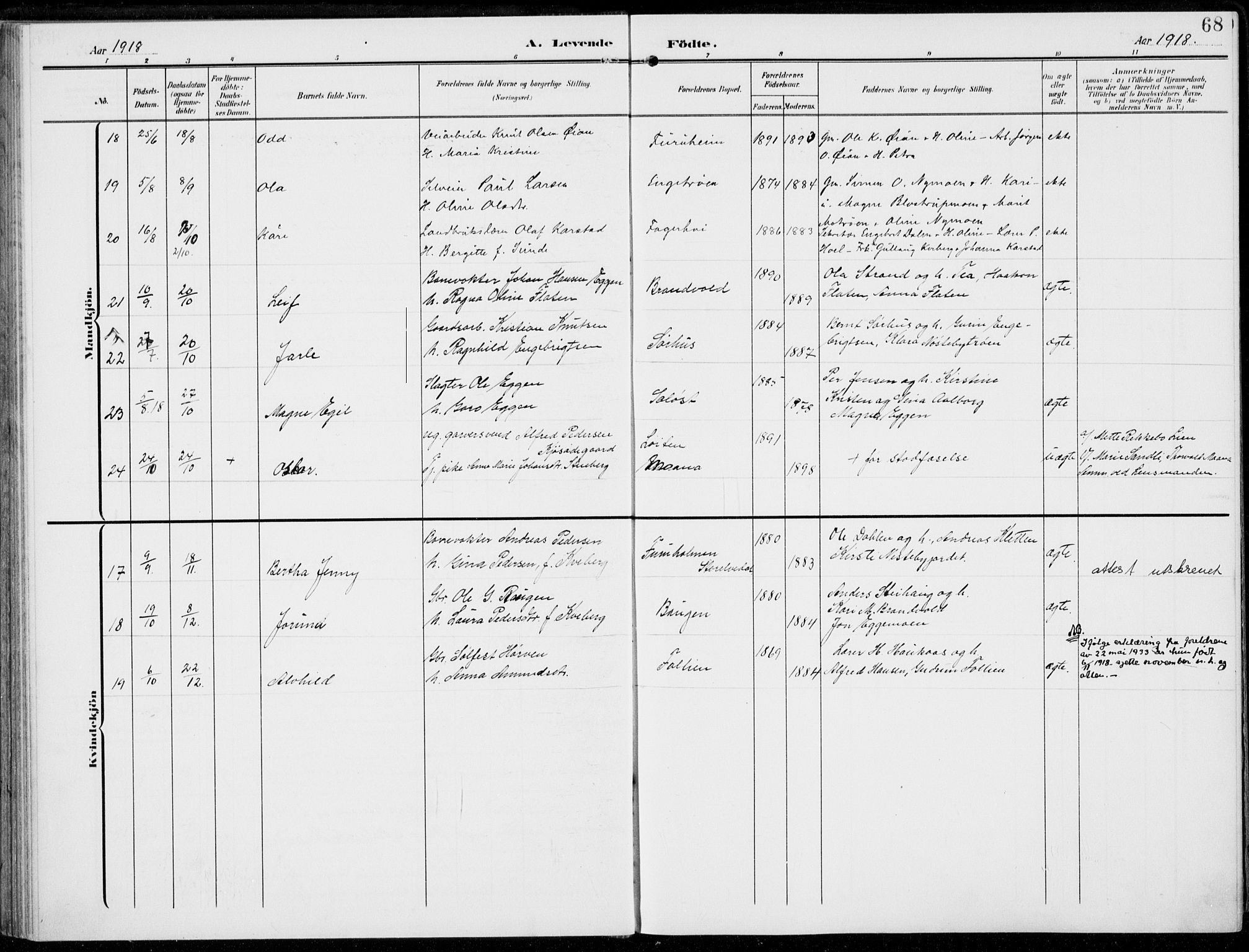 Alvdal prestekontor, AV/SAH-PREST-060/H/Ha/Haa/L0004: Parish register (official) no. 4, 1907-1919, p. 68