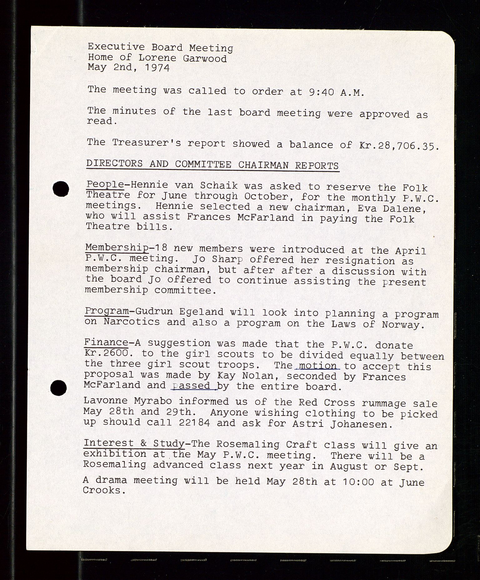 PA 1547 - Petroleum Wives Club, AV/SAST-A-101974/A/Aa/L0001: Board and General Meeting, 1970-1983