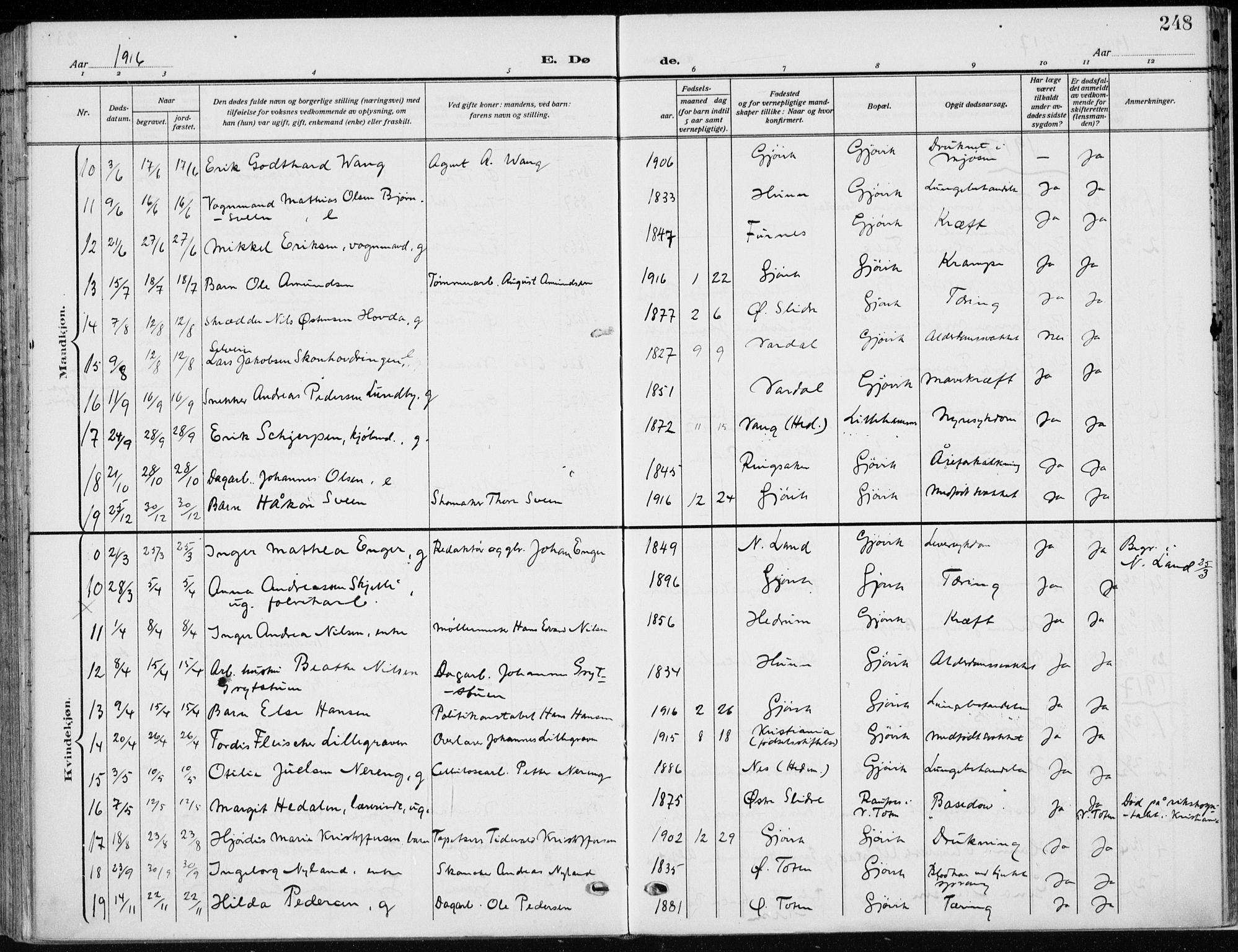 Vardal prestekontor, SAH/PREST-100/H/Ha/Haa/L0014: Parish register (official) no. 14, 1912-1922, p. 248