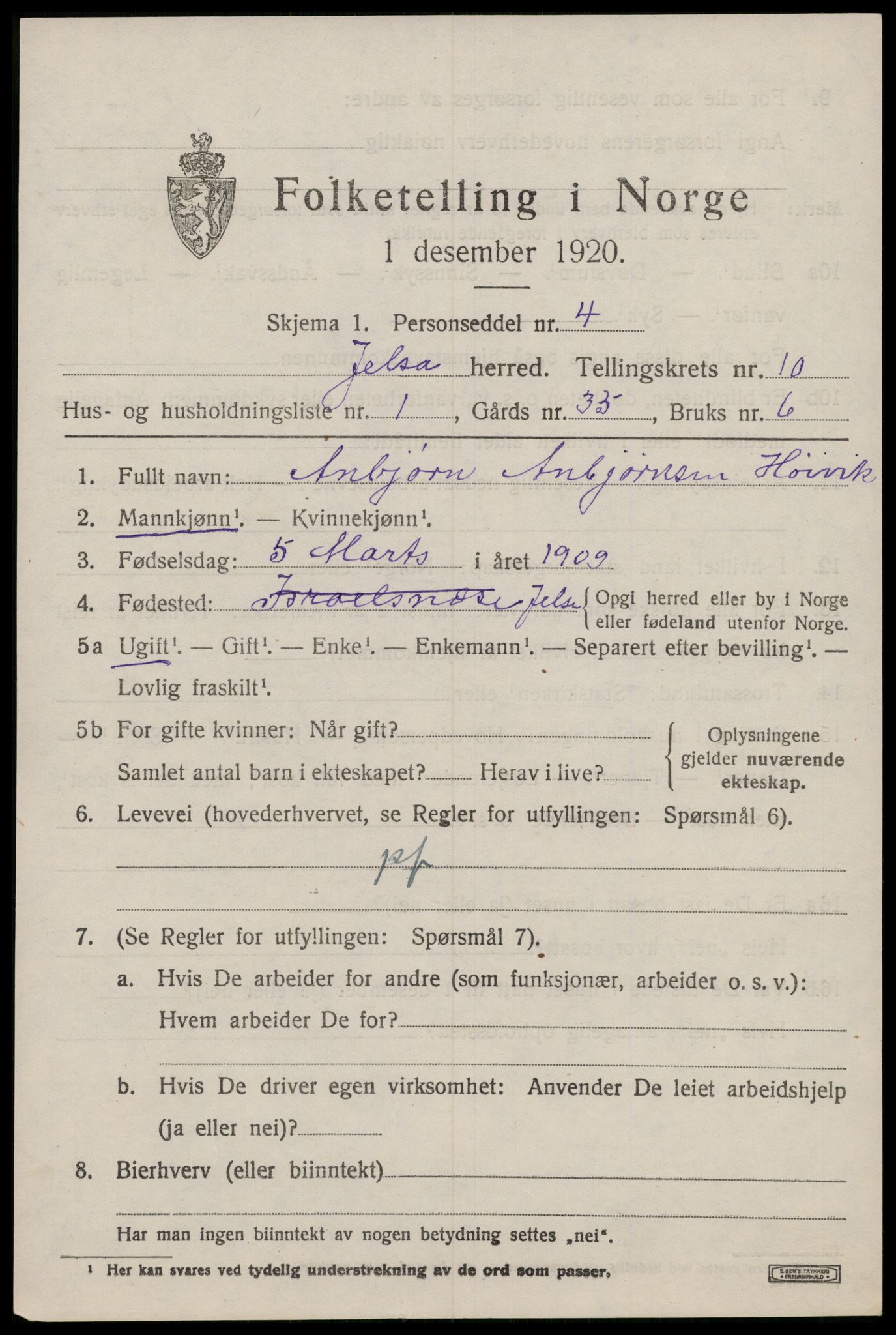 SAST, 1920 census for Jelsa, 1920, p. 2608