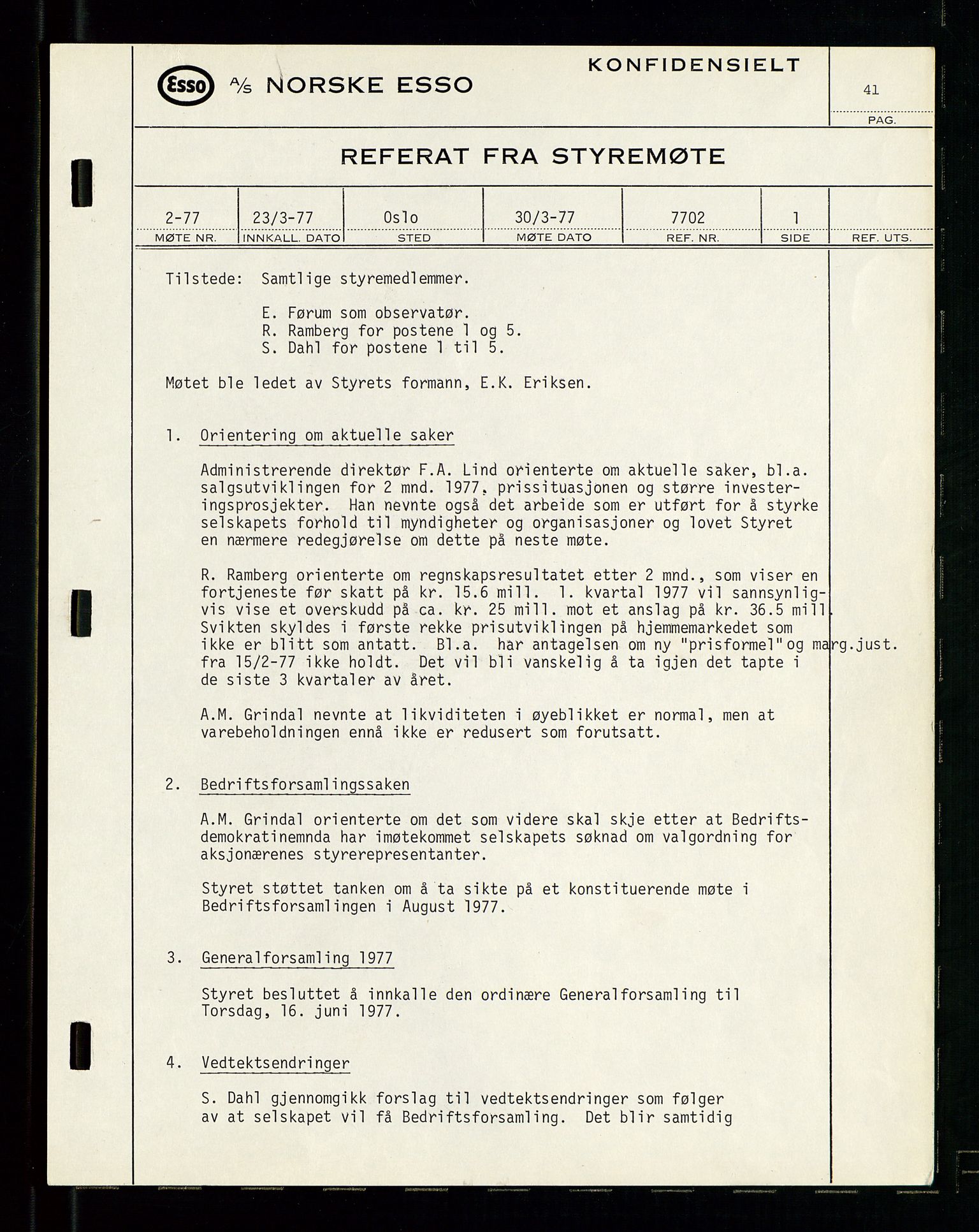 Pa 0982 - Esso Norge A/S, SAST/A-100448/A/Aa/L0003/0003: Den administrerende direksjon Board minutes (styrereferater) og Bedriftforsamlingsprotokoll / Den administrerende direksjon Board minutes (styrereferater), 1975-1985, p. 41