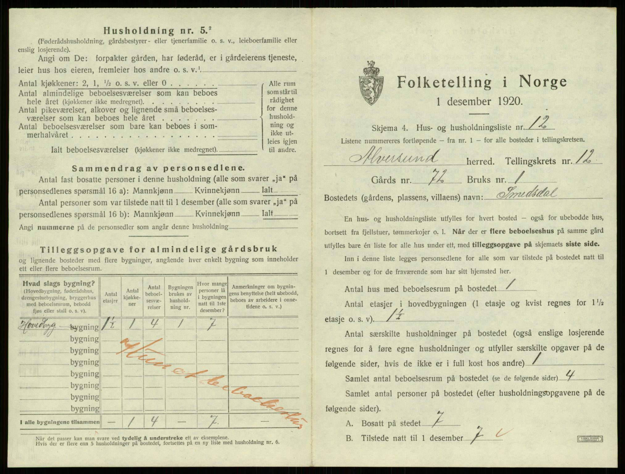 SAB, 1920 census for Alversund, 1920, p. 943