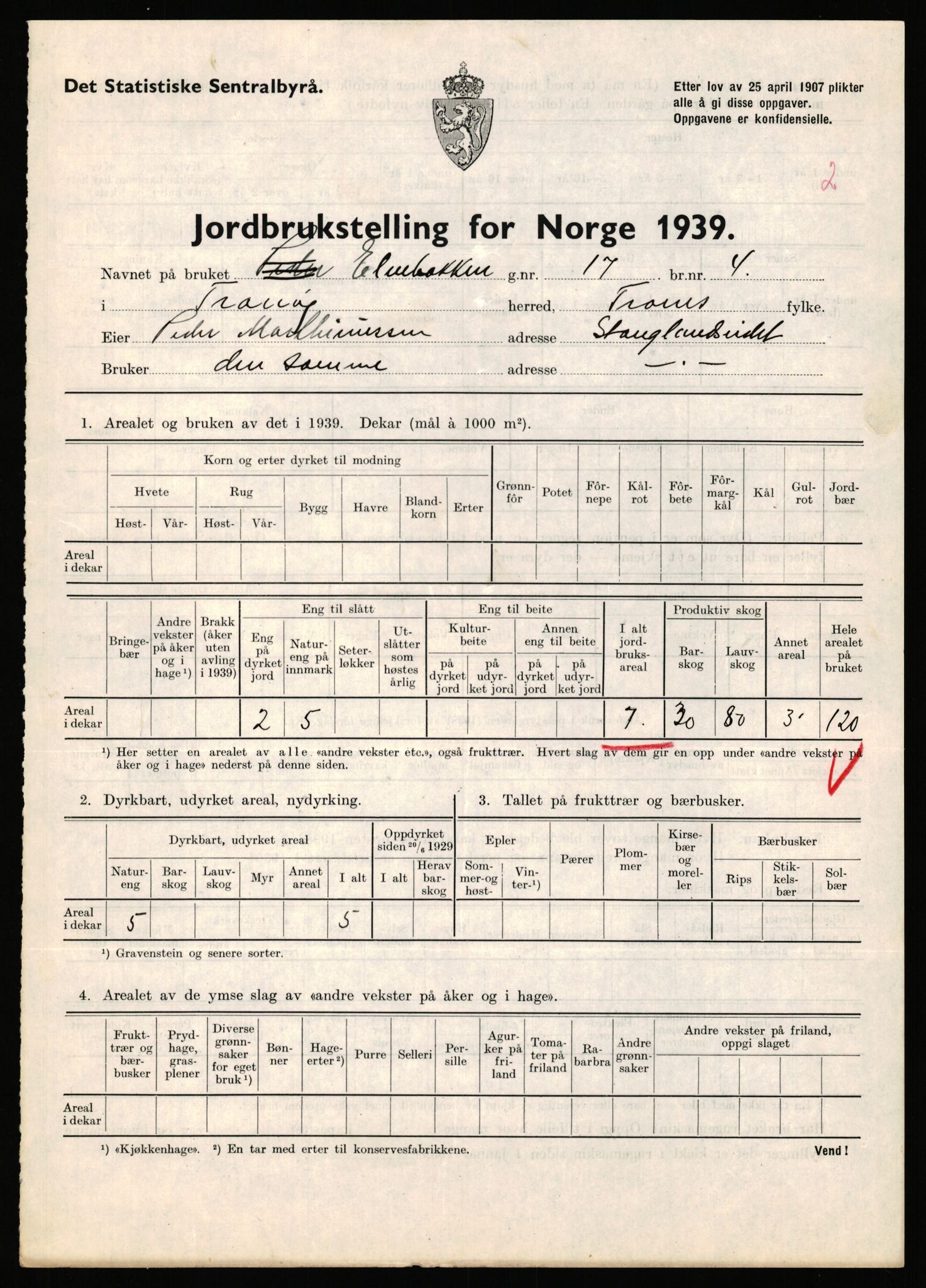 Statistisk sentralbyrå, Næringsøkonomiske emner, Jordbruk, skogbruk, jakt, fiske og fangst, AV/RA-S-2234/G/Gb/L0341: Troms: Sørreisa og Tranøy, 1939, p. 908