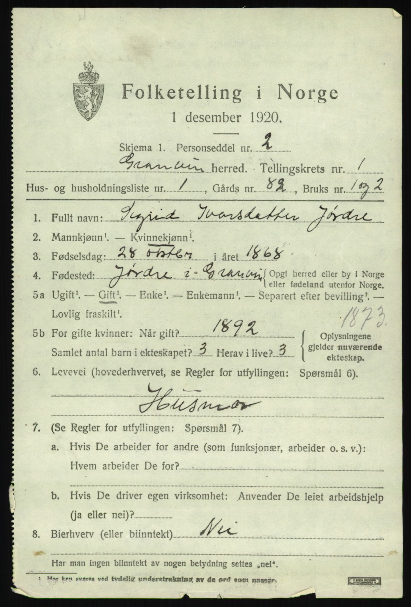 SAB, 1920 census for Granvin, 1920, p. 468