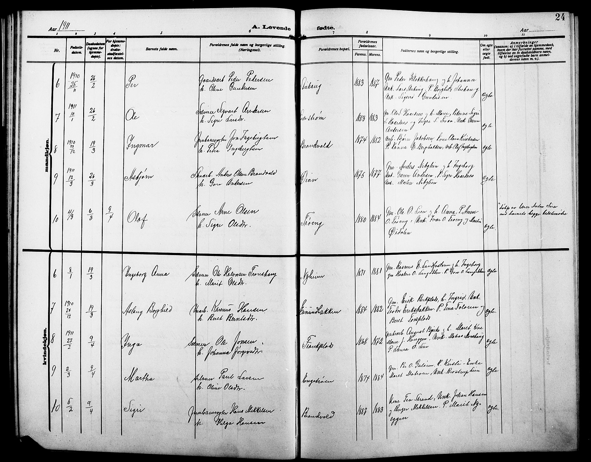 Alvdal prestekontor, AV/SAH-PREST-060/H/Ha/Hab/L0005: Parish register (copy) no. 5, 1908-1923, p. 24