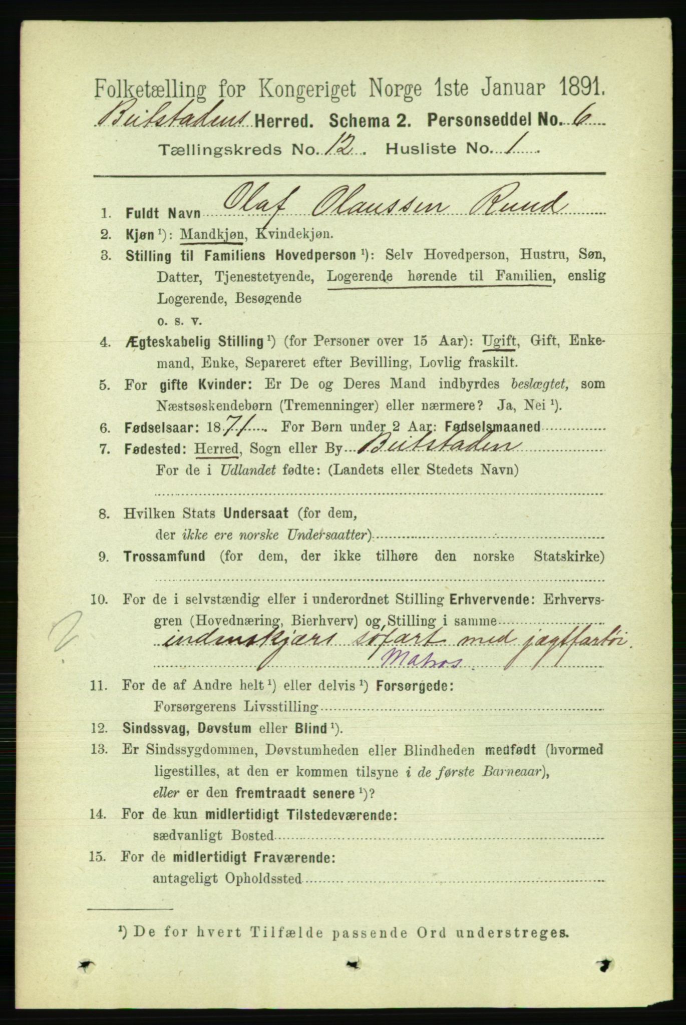 RA, 1891 census for 1727 Beitstad, 1891, p. 3371