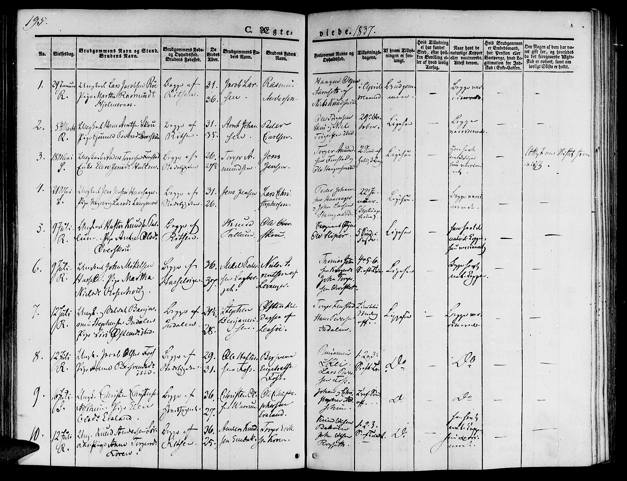 Ministerialprotokoller, klokkerbøker og fødselsregistre - Sør-Trøndelag, SAT/A-1456/646/L0610: Parish register (official) no. 646A08, 1837-1847, p. 195