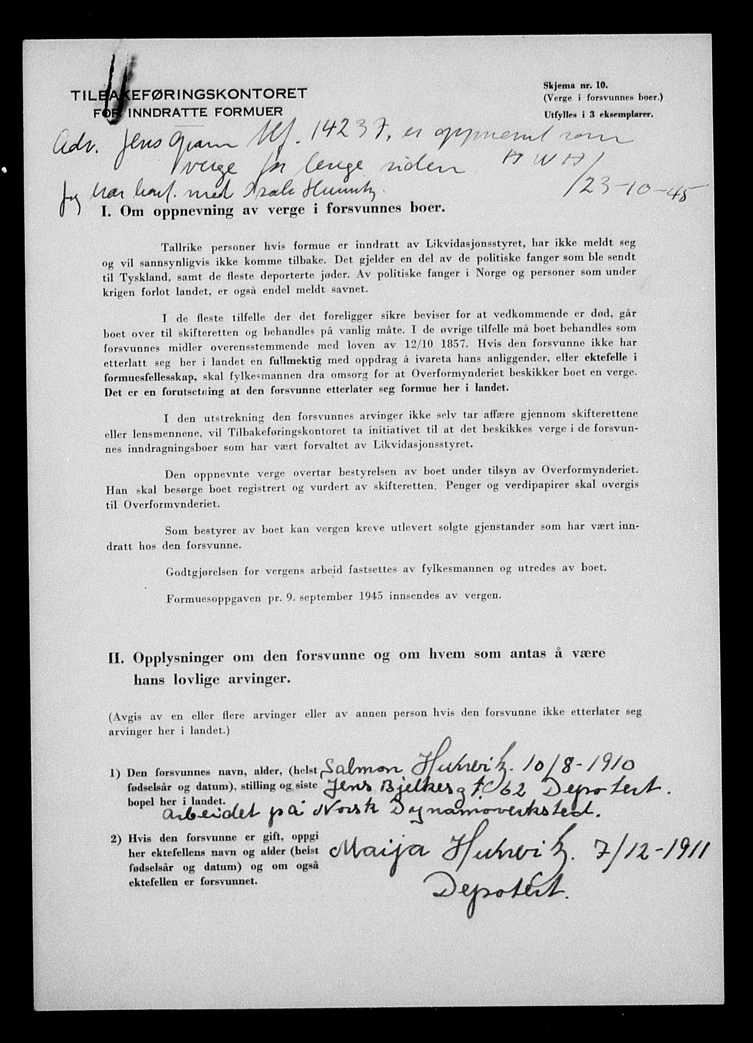 Justisdepartementet, Tilbakeføringskontoret for inndratte formuer, AV/RA-S-1564/H/Hc/Hcc/L0945: --, 1945-1947, p. 9