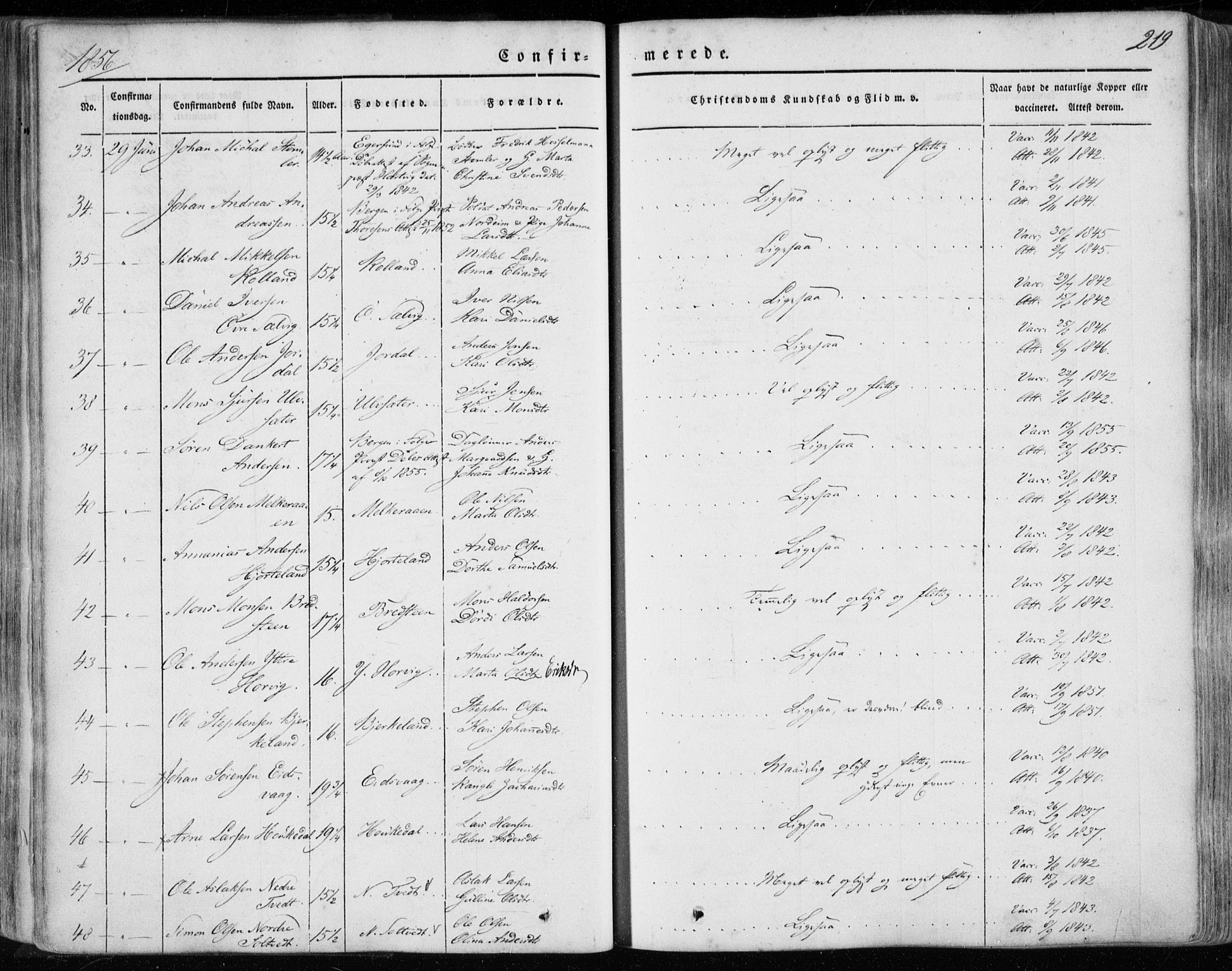 Hamre sokneprestembete, AV/SAB-A-75501/H/Ha/Haa/Haaa/L0013: Parish register (official) no. A 13, 1846-1857, p. 219