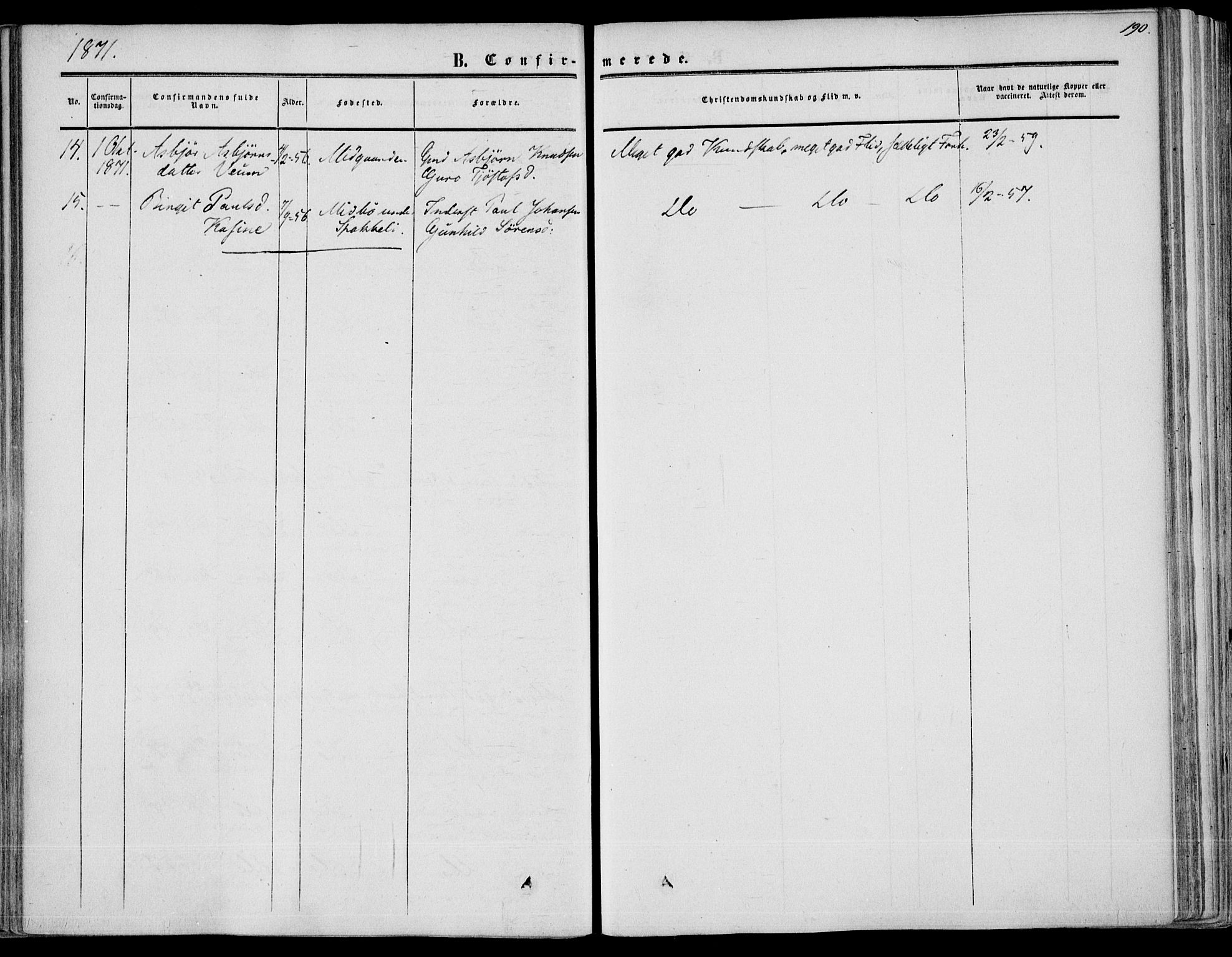 Fyresdal kirkebøker, SAKO/A-263/F/Fa/L0005: Parish register (official) no. I 5, 1855-1871, p. 190