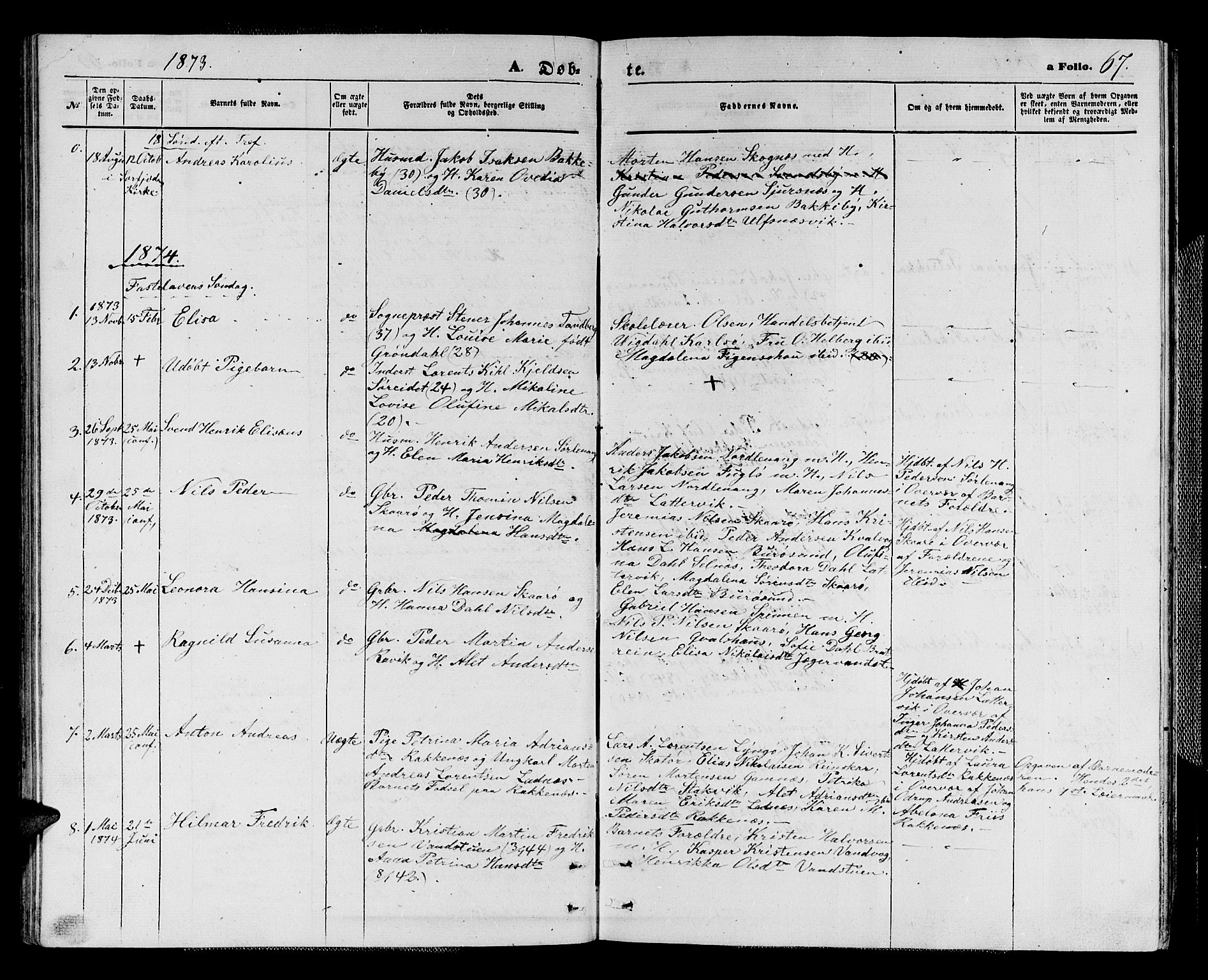 Karlsøy sokneprestembete, AV/SATØ-S-1299/H/Ha/Hab/L0003klokker: Parish register (copy) no. 3, 1862-1877, p. 67