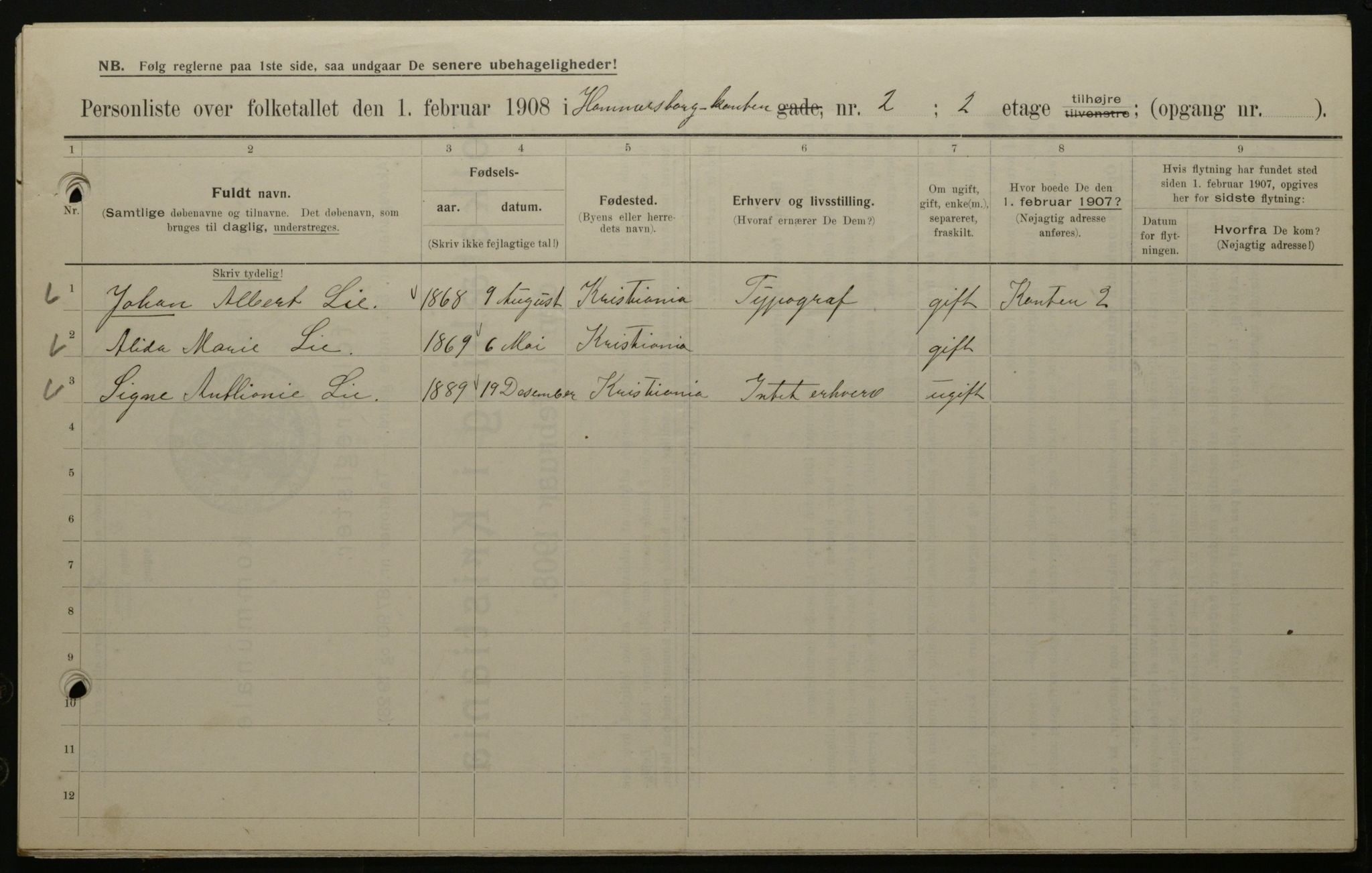 OBA, Municipal Census 1908 for Kristiania, 1908, p. 43134