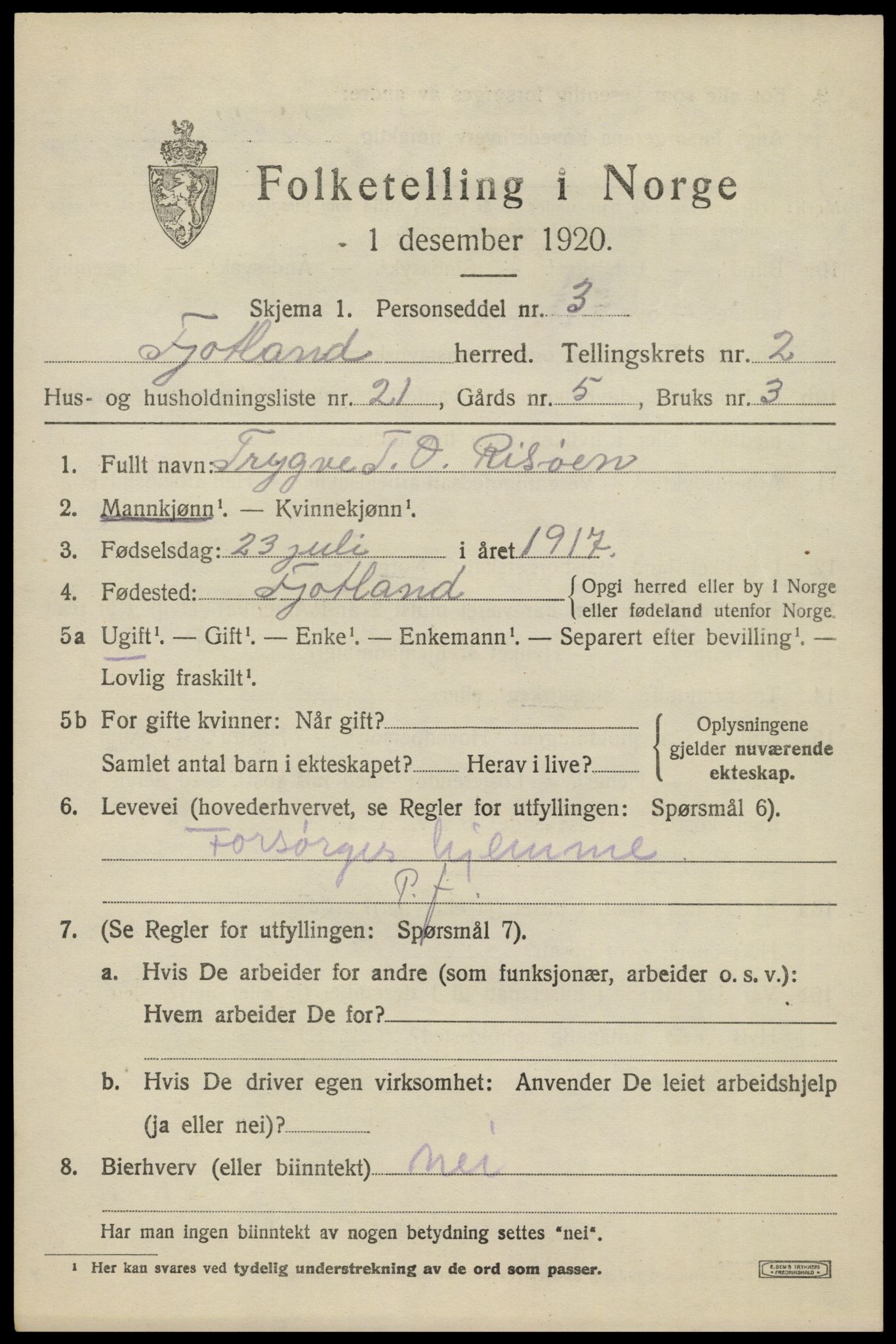 SAK, 1920 census for Fjotland, 1920, p. 908
