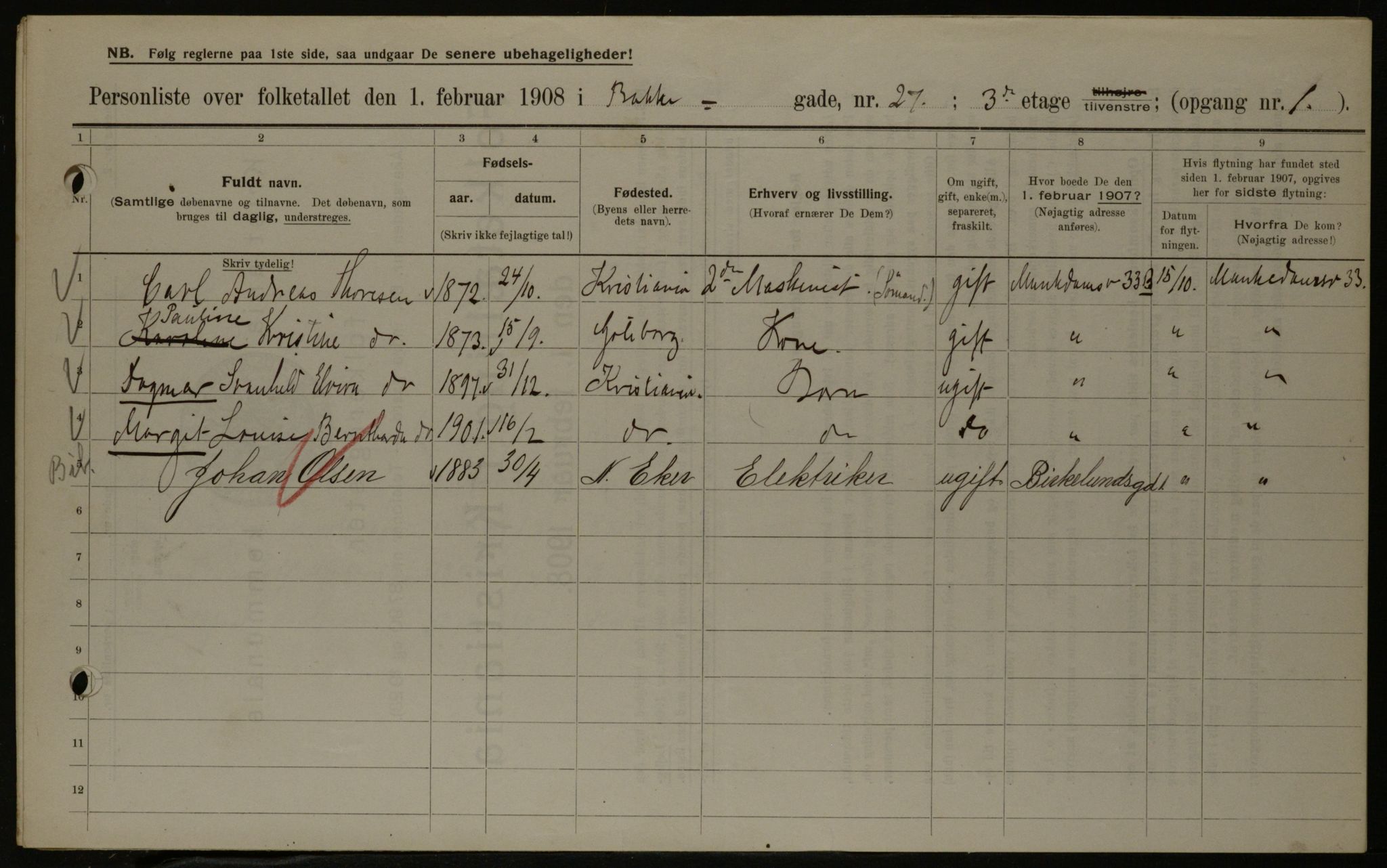 OBA, Municipal Census 1908 for Kristiania, 1908, p. 3055