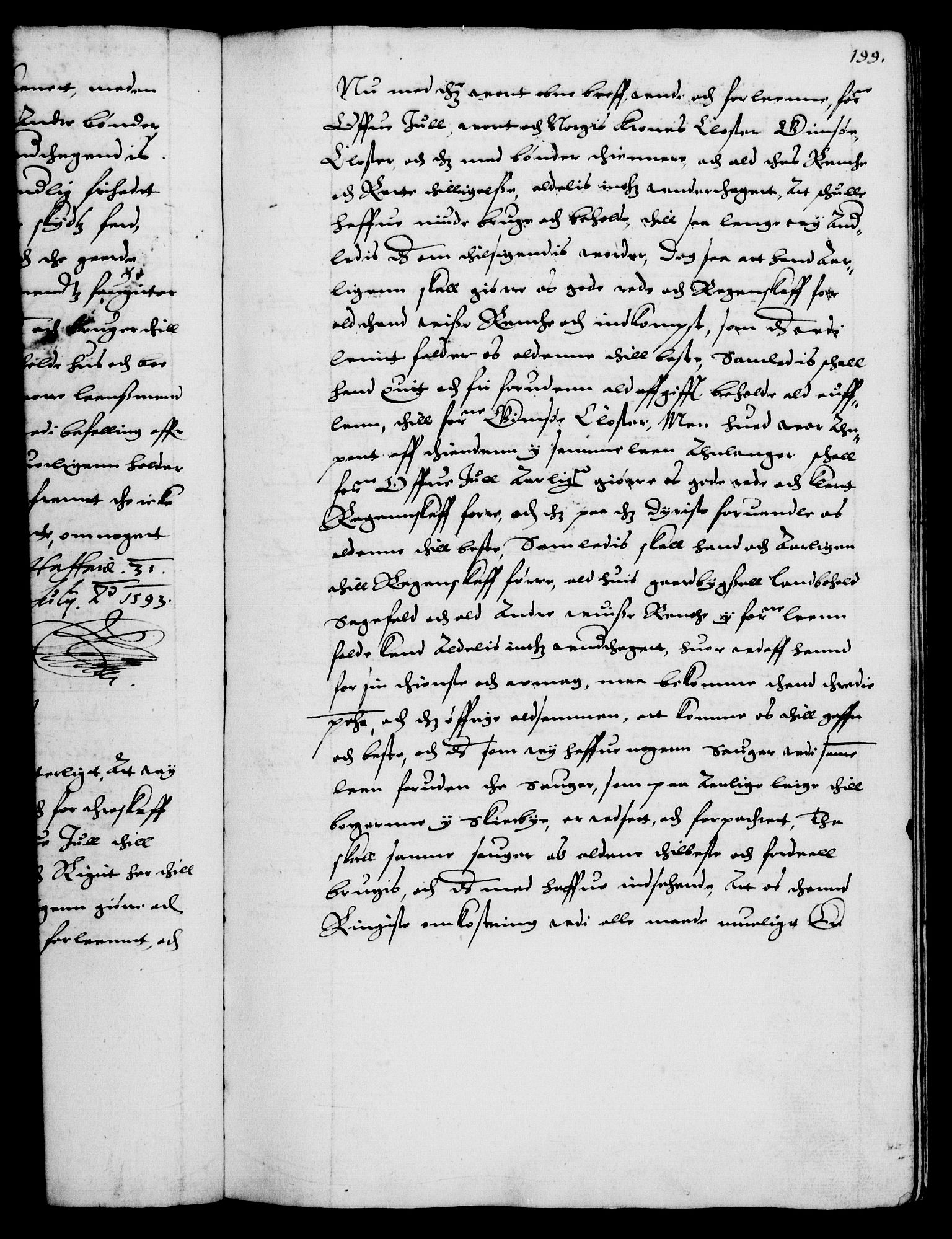 Danske Kanselli 1572-1799, RA/EA-3023/F/Fc/Fca/Fcaa/L0002: Norske registre (mikrofilm), 1588-1596, p. 199a