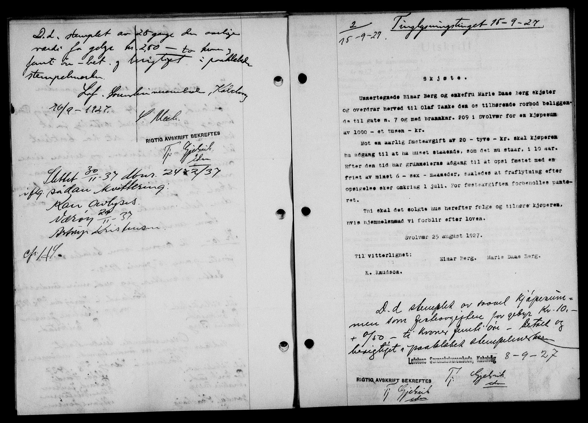 Lofoten sorenskriveri, SAT/A-0017/1/2/2C/L0016b: Mortgage book no. 16b, 1927-1927, Deed date: 15.09.1927
