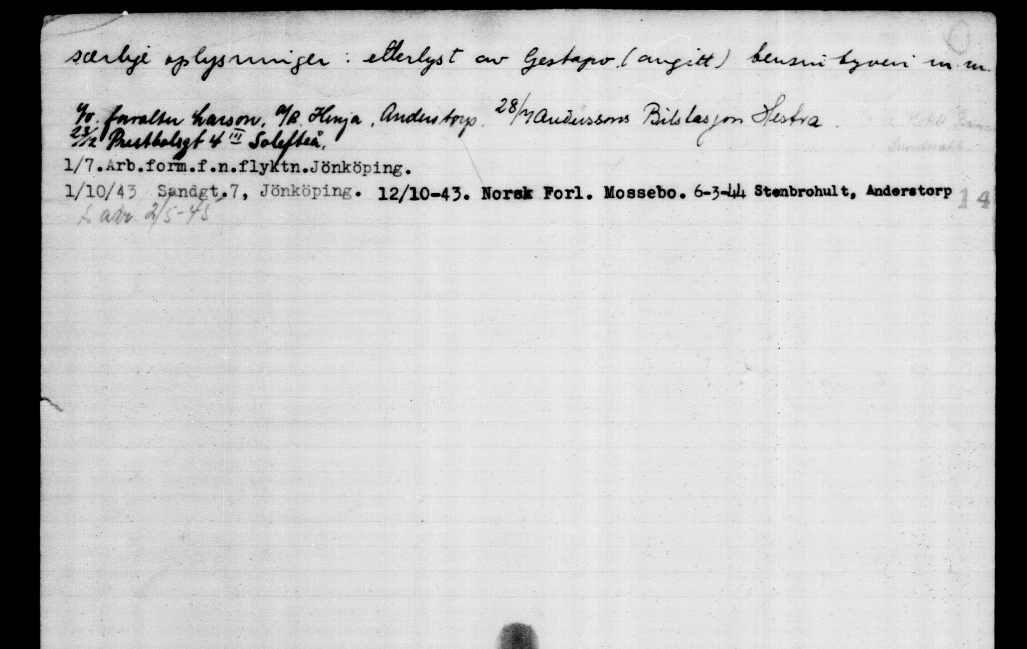 Utenriksstasjonene, Legasjonen i Stockholm, Flyktningkontoret, AV/RA-S-6753/V/Va/L0002: Kjesäterkartoteket, flyktninger med registreringsnr. 1001-2000, 1940-1945, p. 4