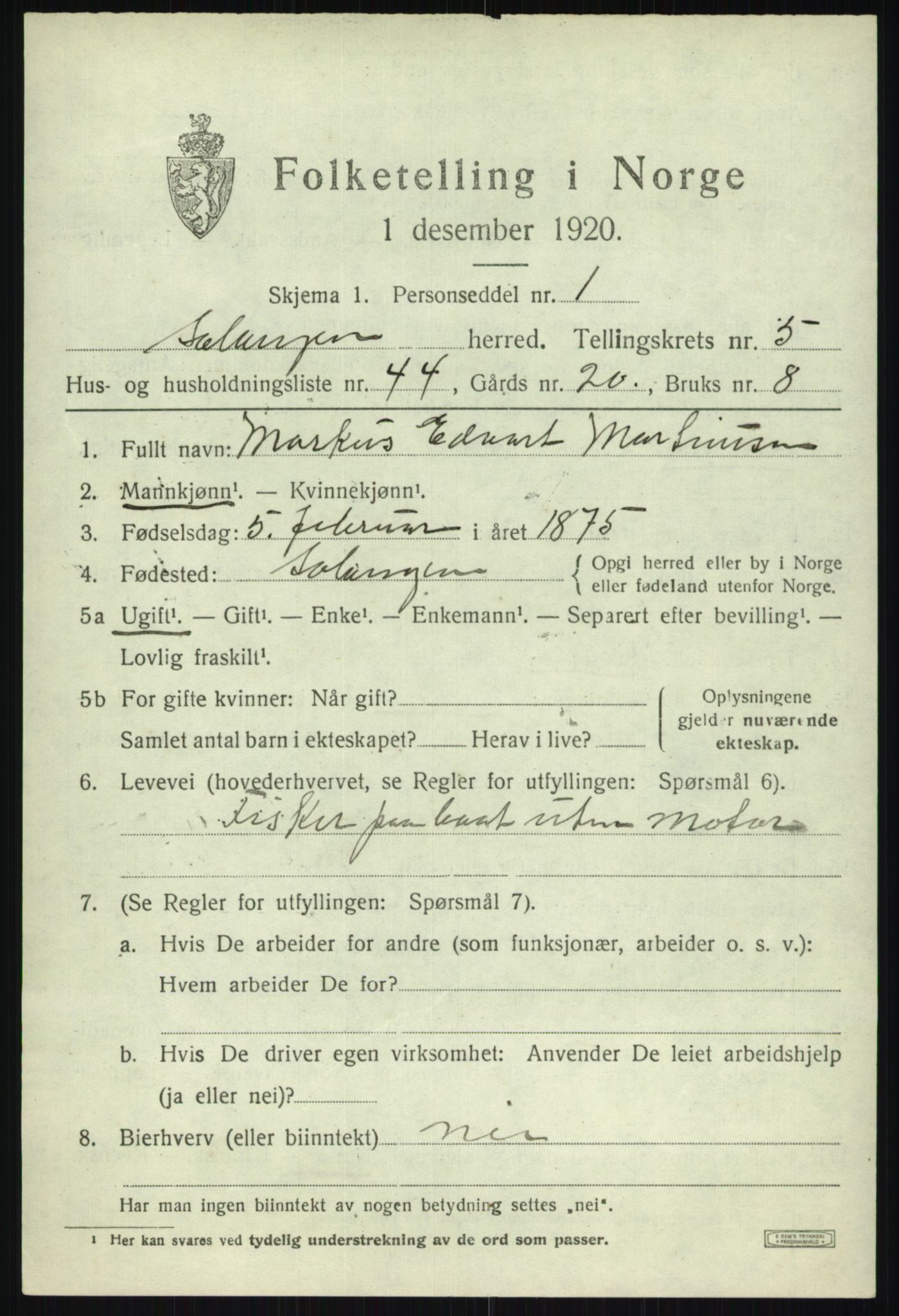 SATØ, 1920 census for Salangen, 1920, p. 3904