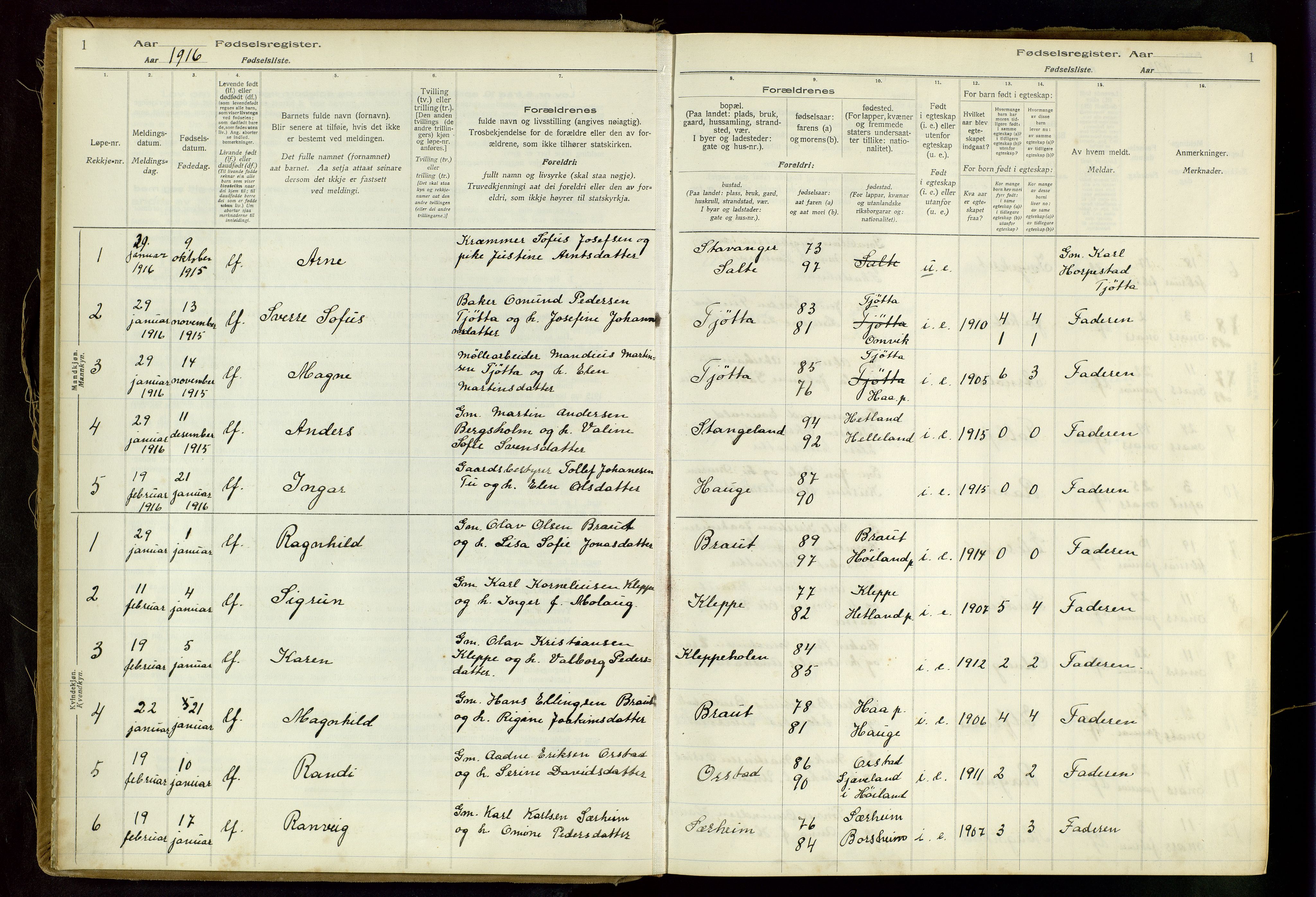 Klepp sokneprestkontor, SAST/A-101803/001/704BAA/L0001: Birth register no. 1, 1916-1948, p. 1