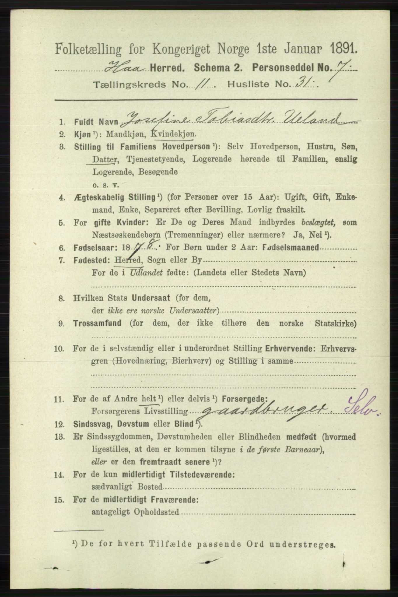 RA, 1891 census for 1119 Hå, 1891, p. 2819