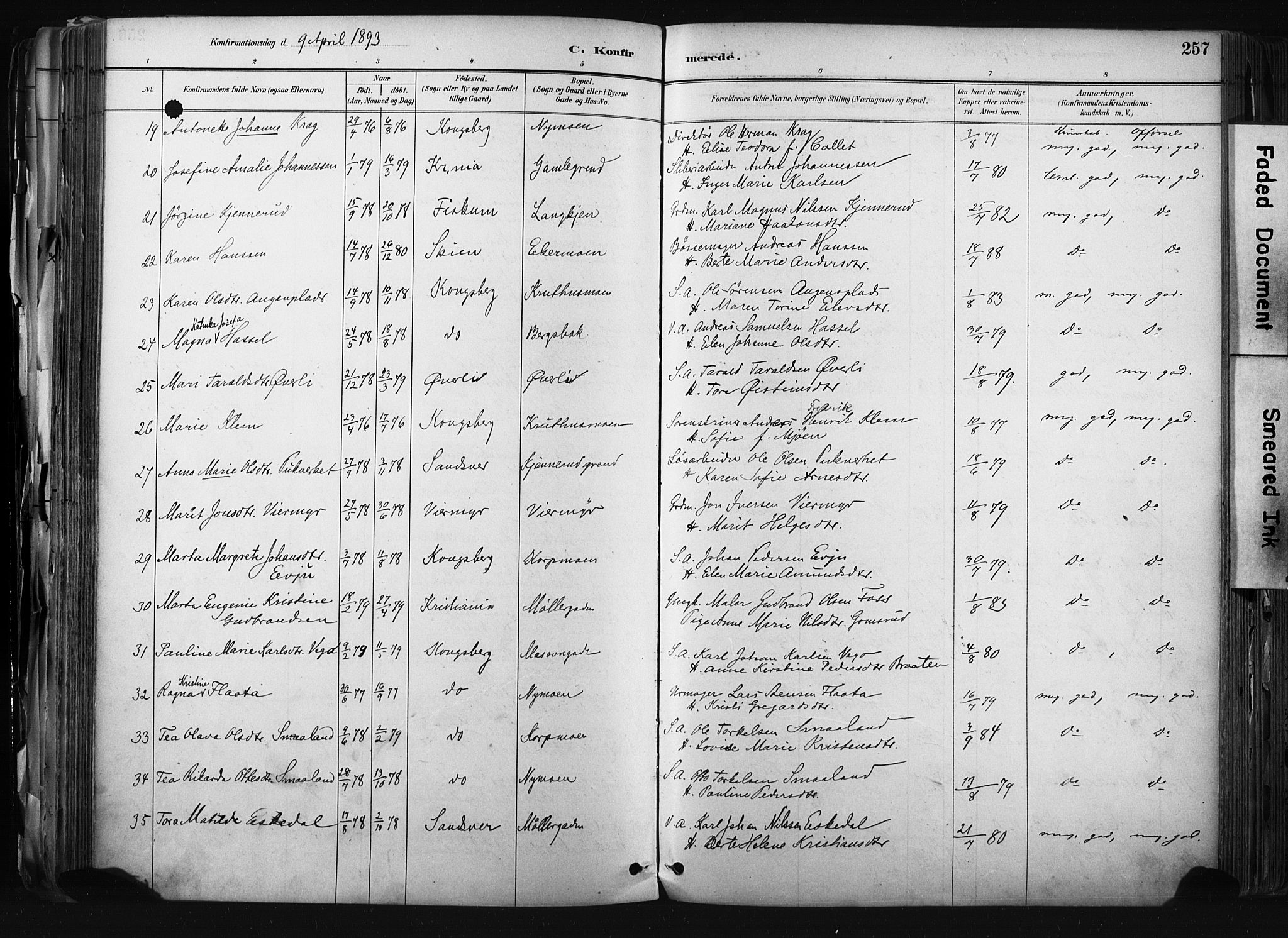 Kongsberg kirkebøker, AV/SAKO-A-22/F/Fb/L0002: Parish register (official) no. II 2, 1886-1896, p. 257