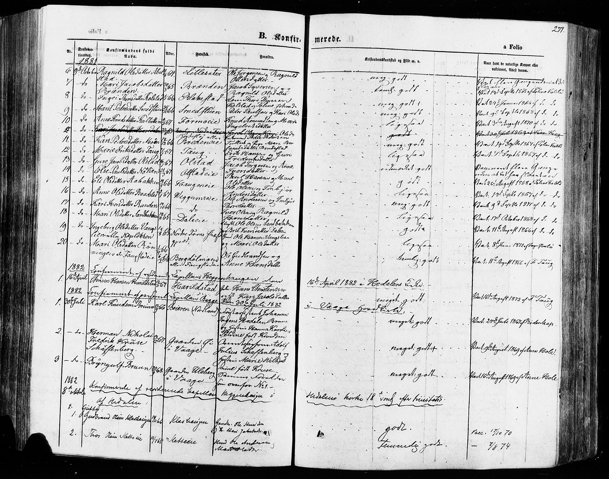 Vågå prestekontor, SAH/PREST-076/H/Ha/Haa/L0007: Parish register (official) no. 7 /1, 1872-1886, p. 271