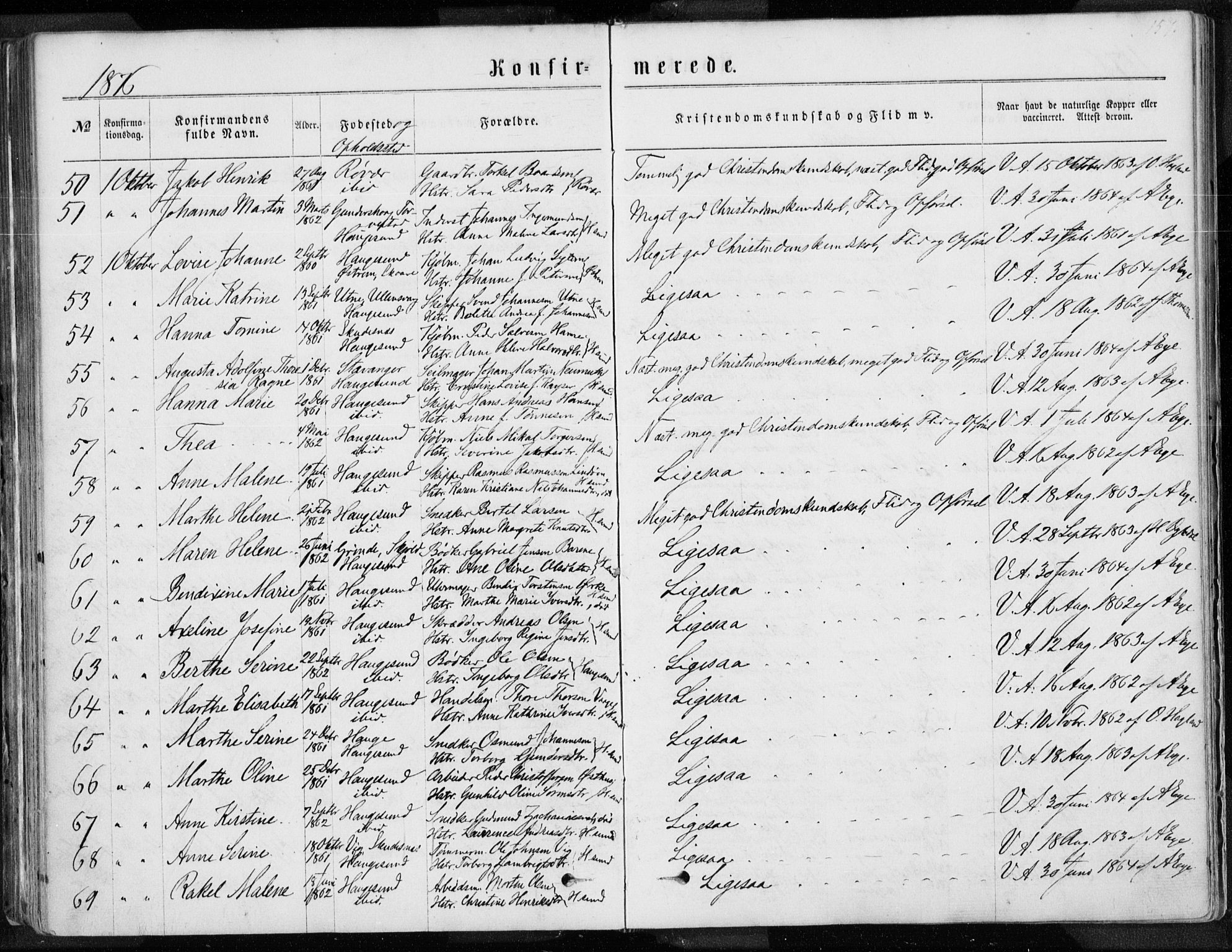 Torvastad sokneprestkontor, AV/SAST-A -101857/H/Ha/Haa/L0012: Parish register (official) no. A 12.1, 1867-1877, p. 157