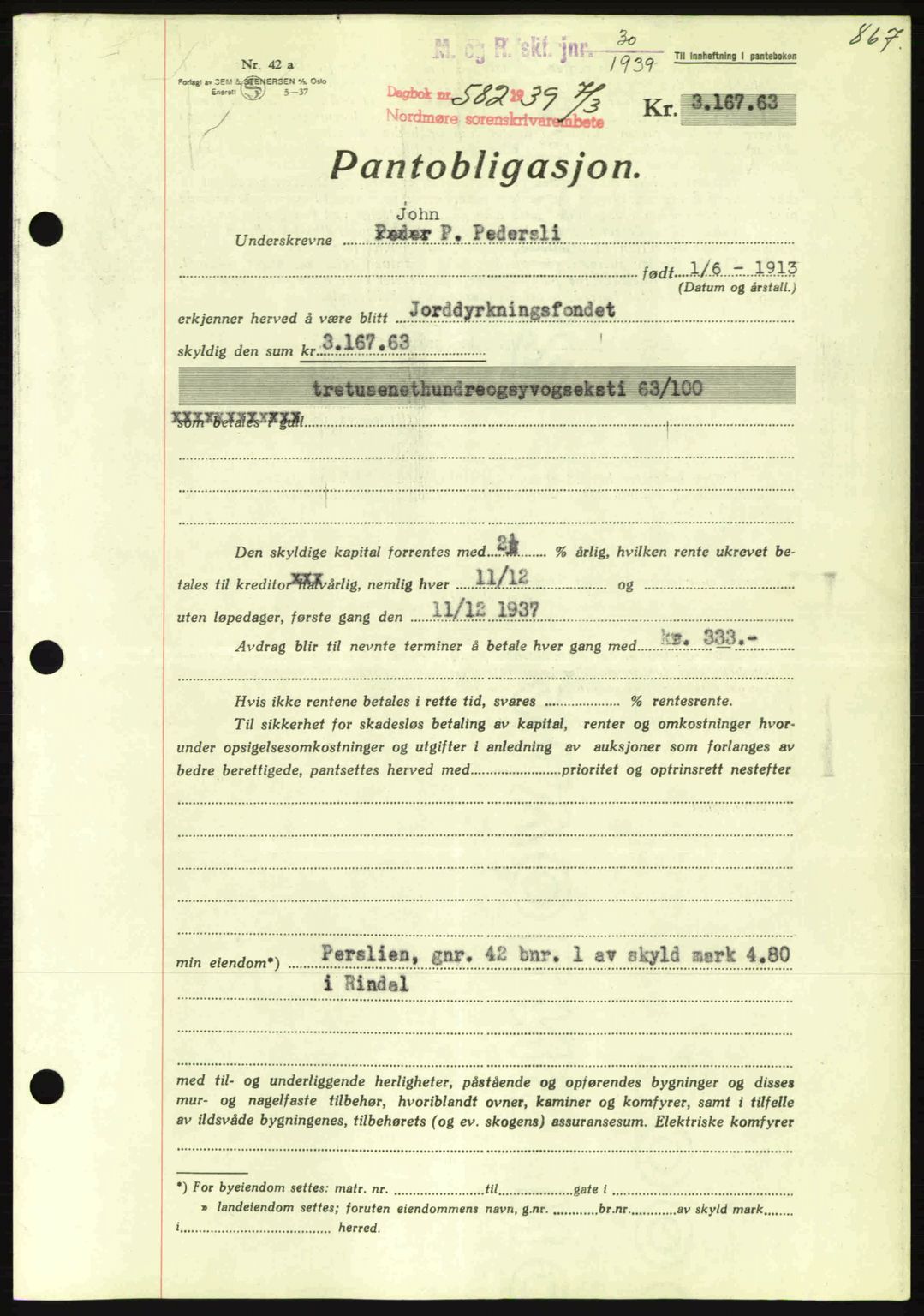 Nordmøre sorenskriveri, SAT/A-4132/1/2/2Ca: Mortgage book no. B84, 1938-1939, Diary no: : 582/1939