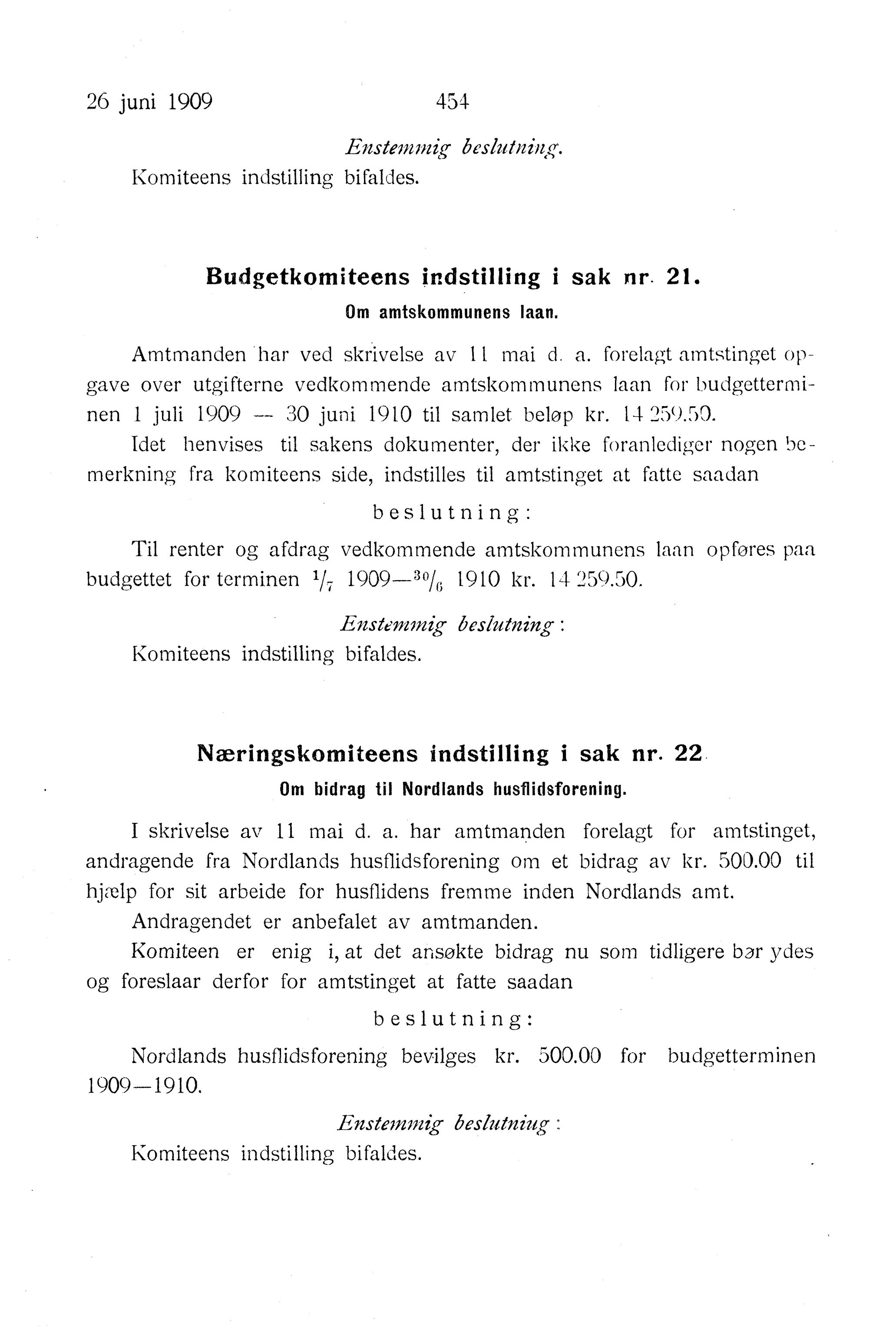 Nordland Fylkeskommune. Fylkestinget, AIN/NFK-17/176/A/Ac/L0032: Fylkestingsforhandlinger 1909, 1909