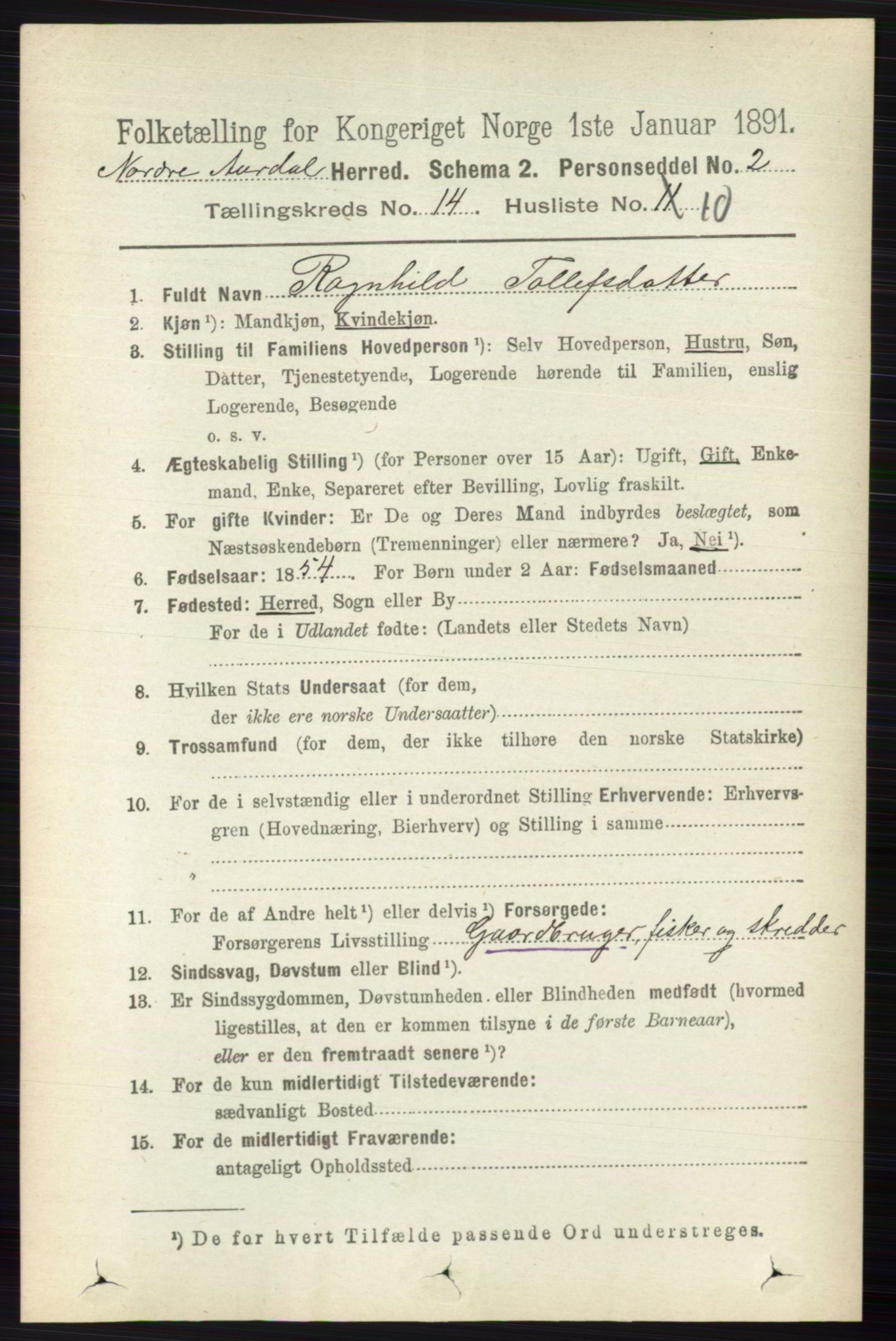 RA, 1891 census for 0542 Nord-Aurdal, 1891, p. 5262