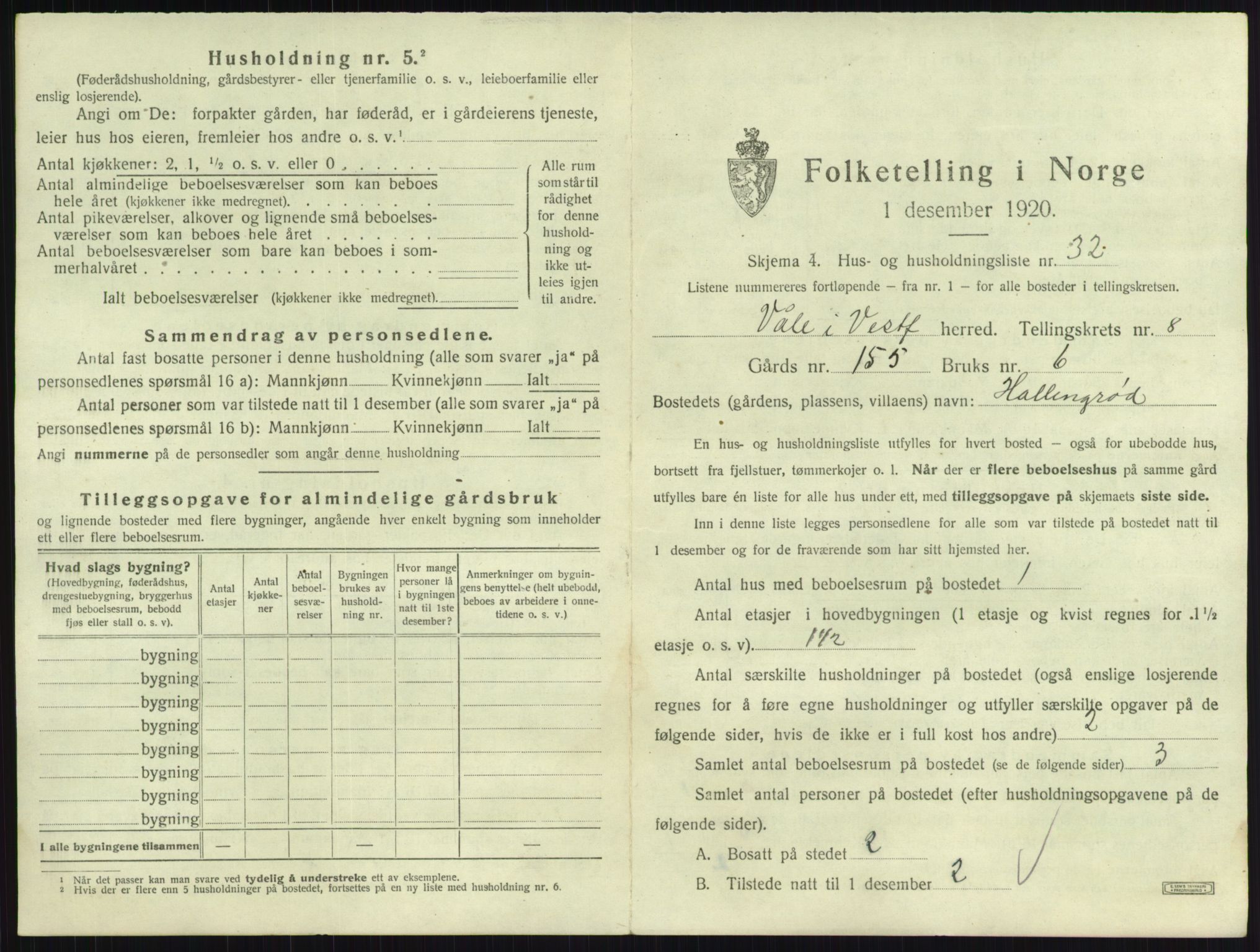 SAKO, 1920 census for Våle, 1920, p. 1036
