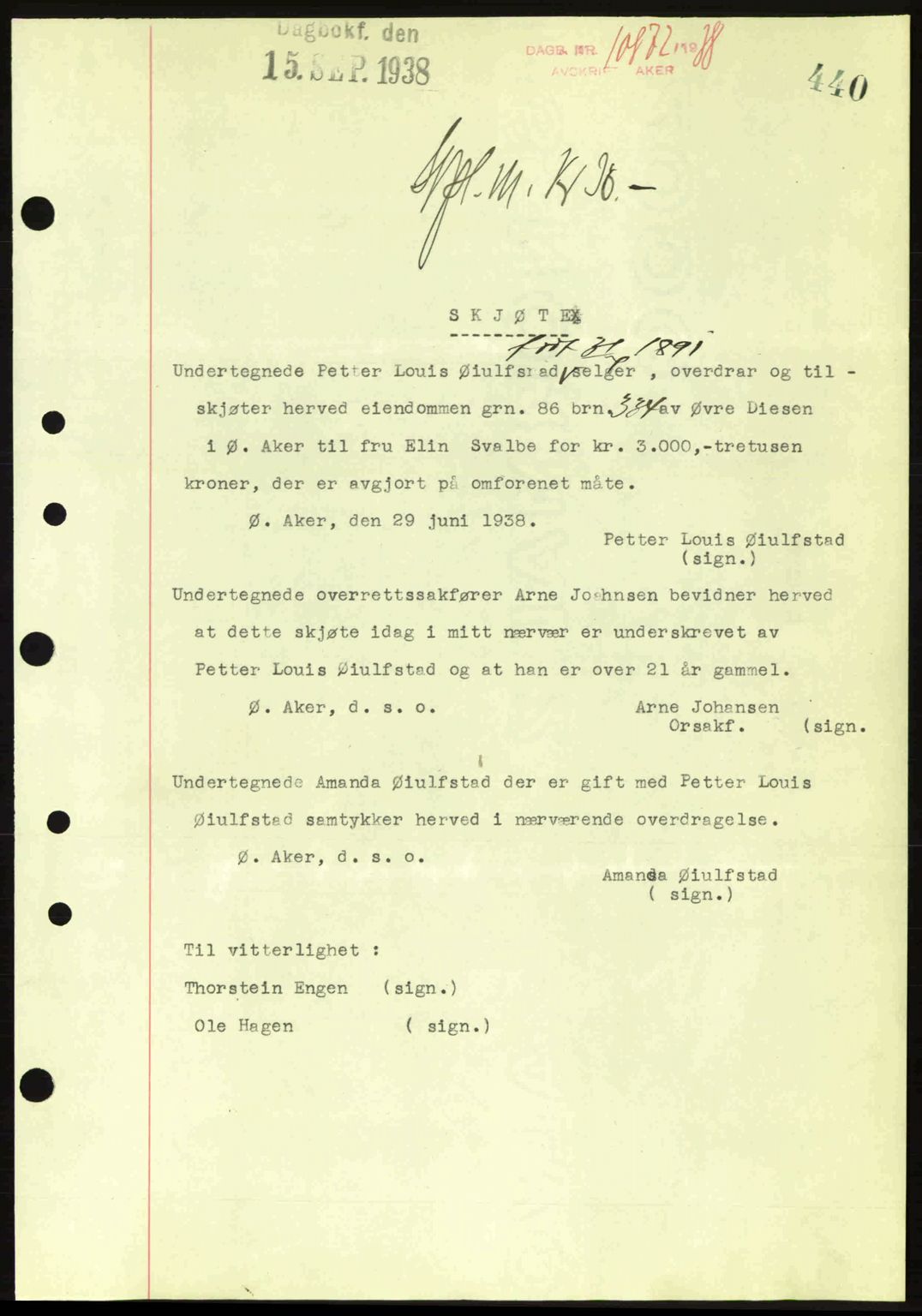 Aker herredsskriveri, SAO/A-10896/G/Gb/Gba/Gbab/L0025: Mortgage book no. A154-155, 1938-1938, Diary no: : 10872/1938