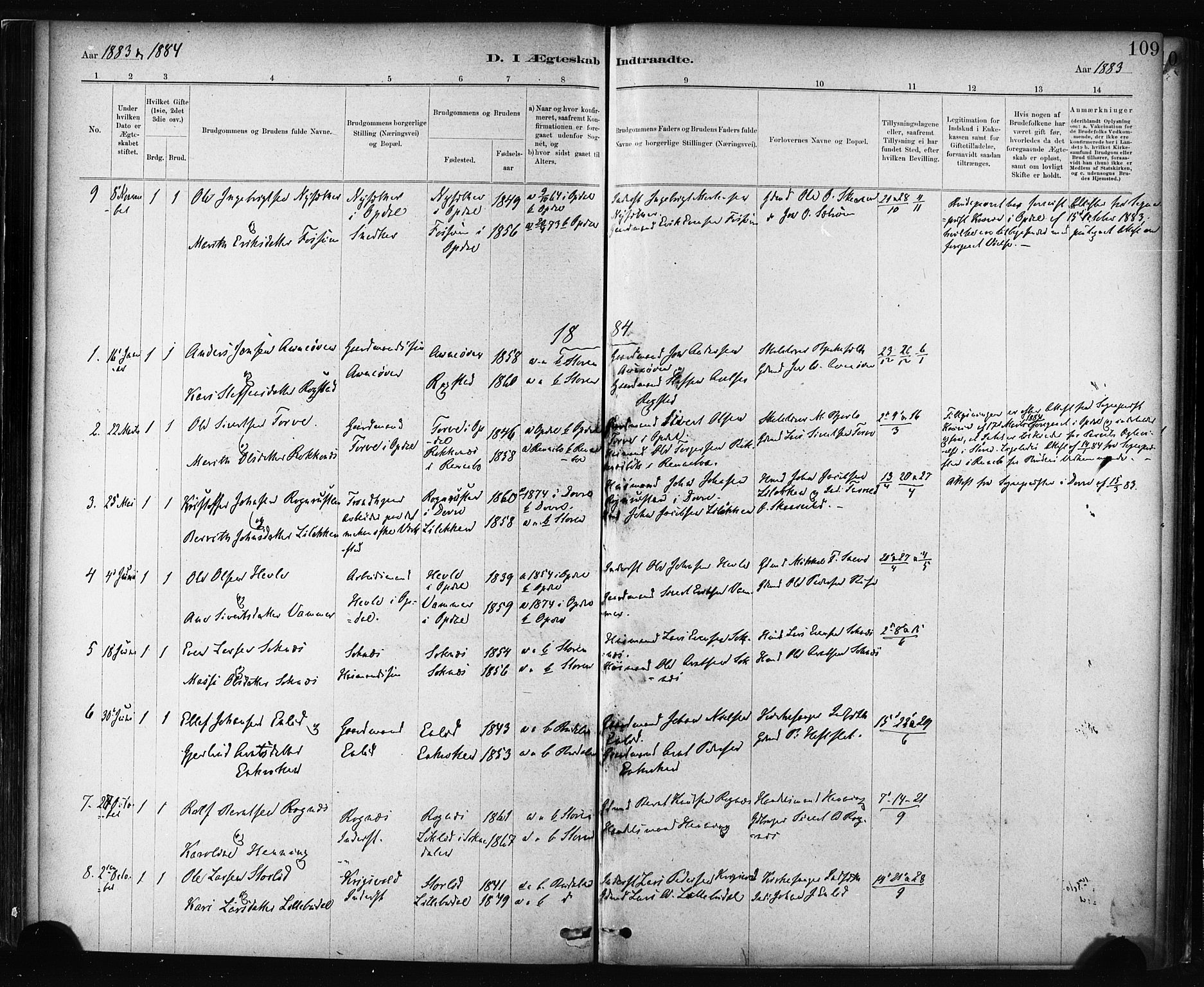 Ministerialprotokoller, klokkerbøker og fødselsregistre - Sør-Trøndelag, AV/SAT-A-1456/687/L1002: Parish register (official) no. 687A08, 1878-1890, p. 109