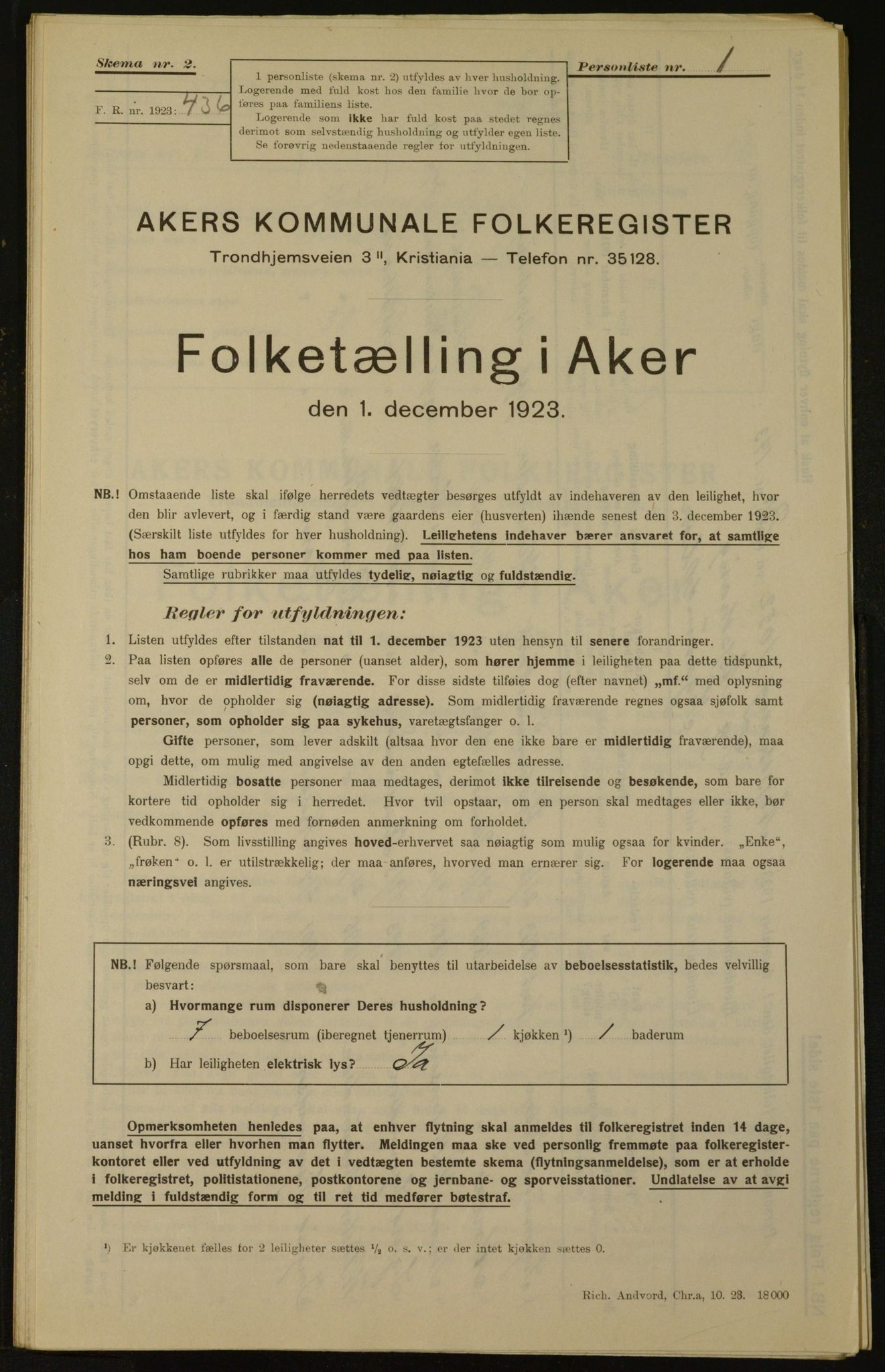 , Municipal Census 1923 for Aker, 1923, p. 2703