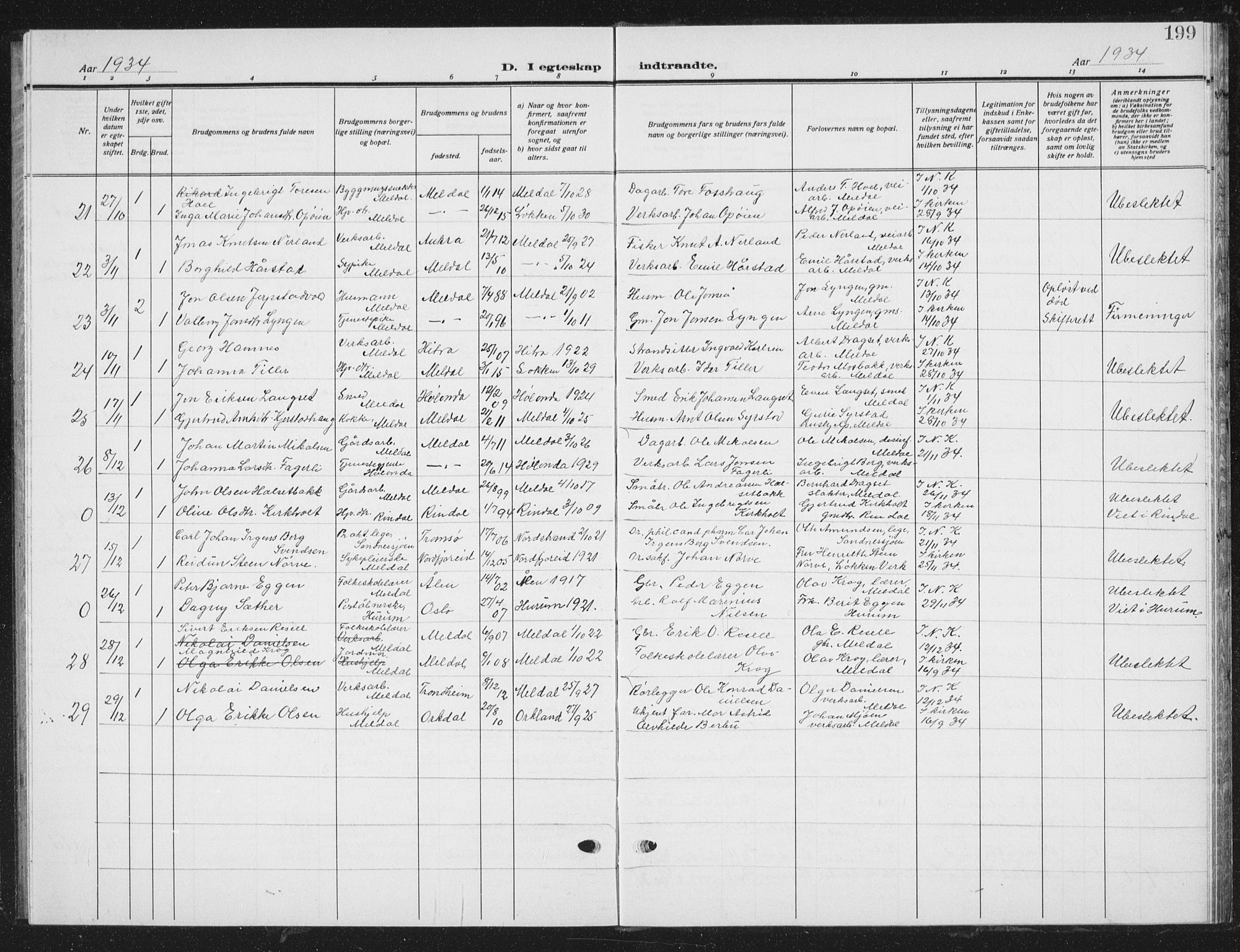 Ministerialprotokoller, klokkerbøker og fødselsregistre - Sør-Trøndelag, AV/SAT-A-1456/672/L0866: Parish register (copy) no. 672C05, 1929-1939, p. 199