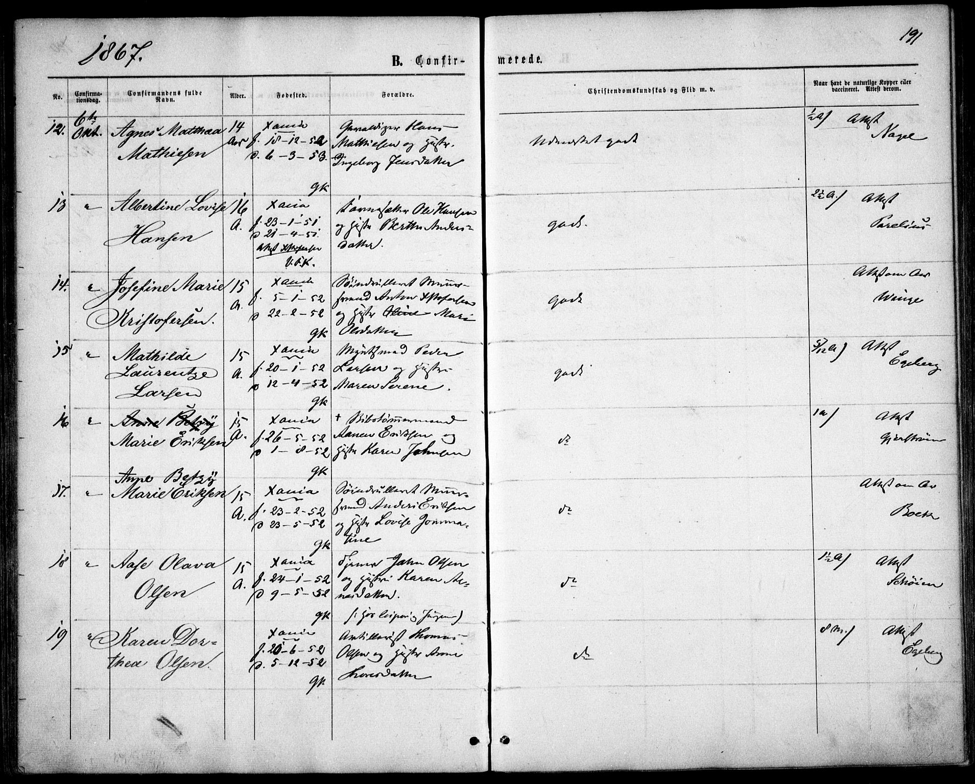 Garnisonsmenigheten Kirkebøker, AV/SAO-A-10846/F/Fa/L0010: Parish register (official) no. 10, 1859-1869, p. 191