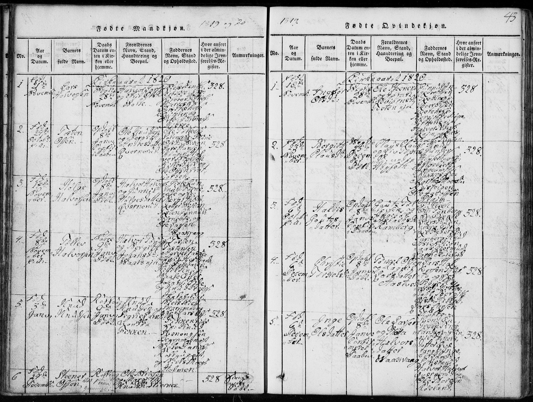 Rollag kirkebøker, SAKO/A-240/G/Ga/L0001: Parish register (copy) no. I 1, 1814-1831, p. 43