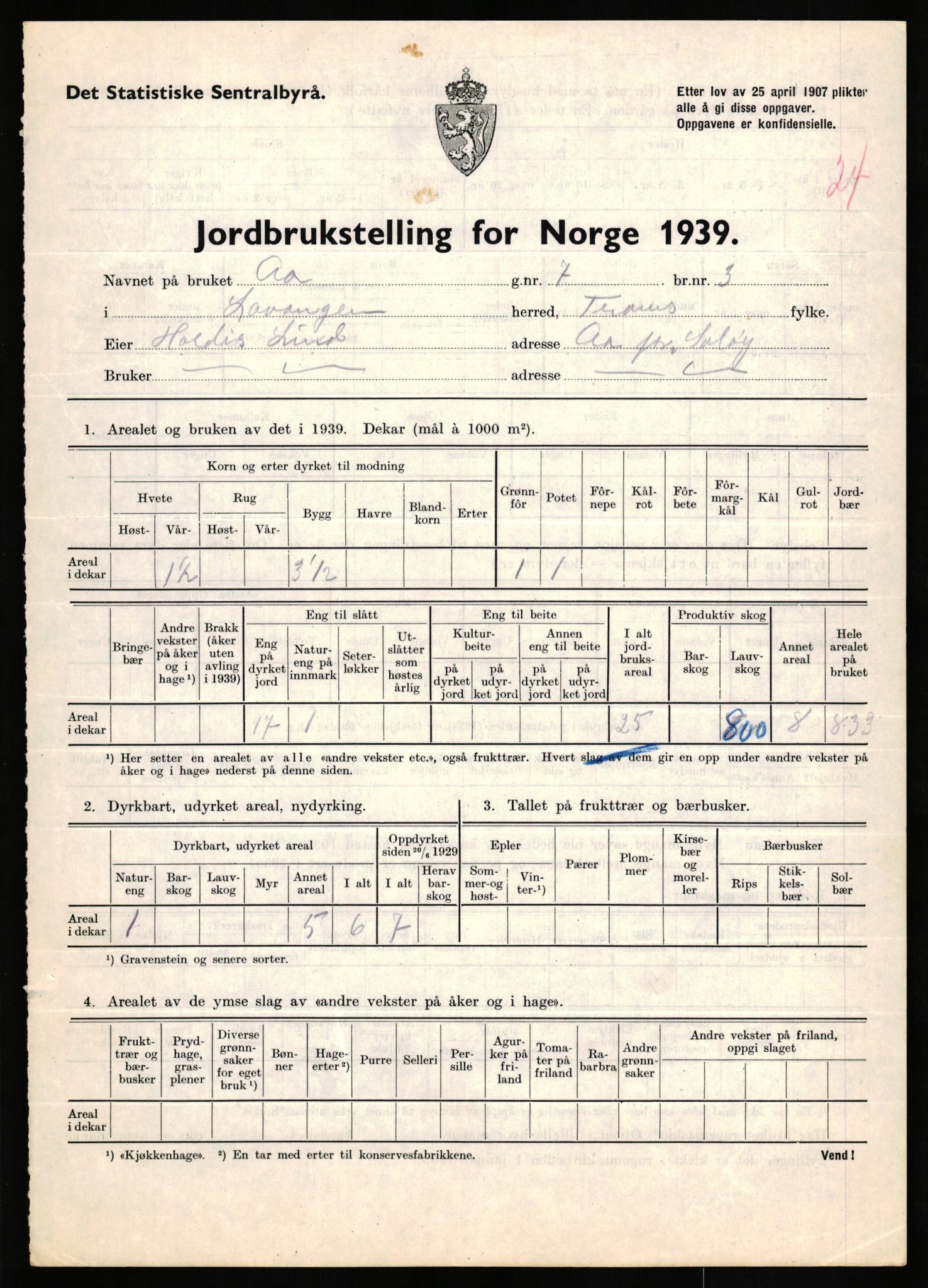 Statistisk sentralbyrå, Næringsøkonomiske emner, Jordbruk, skogbruk, jakt, fiske og fangst, AV/RA-S-2234/G/Gb/L0339: Troms: Andørja, Astafjord og Lavangen, 1939, p. 1038