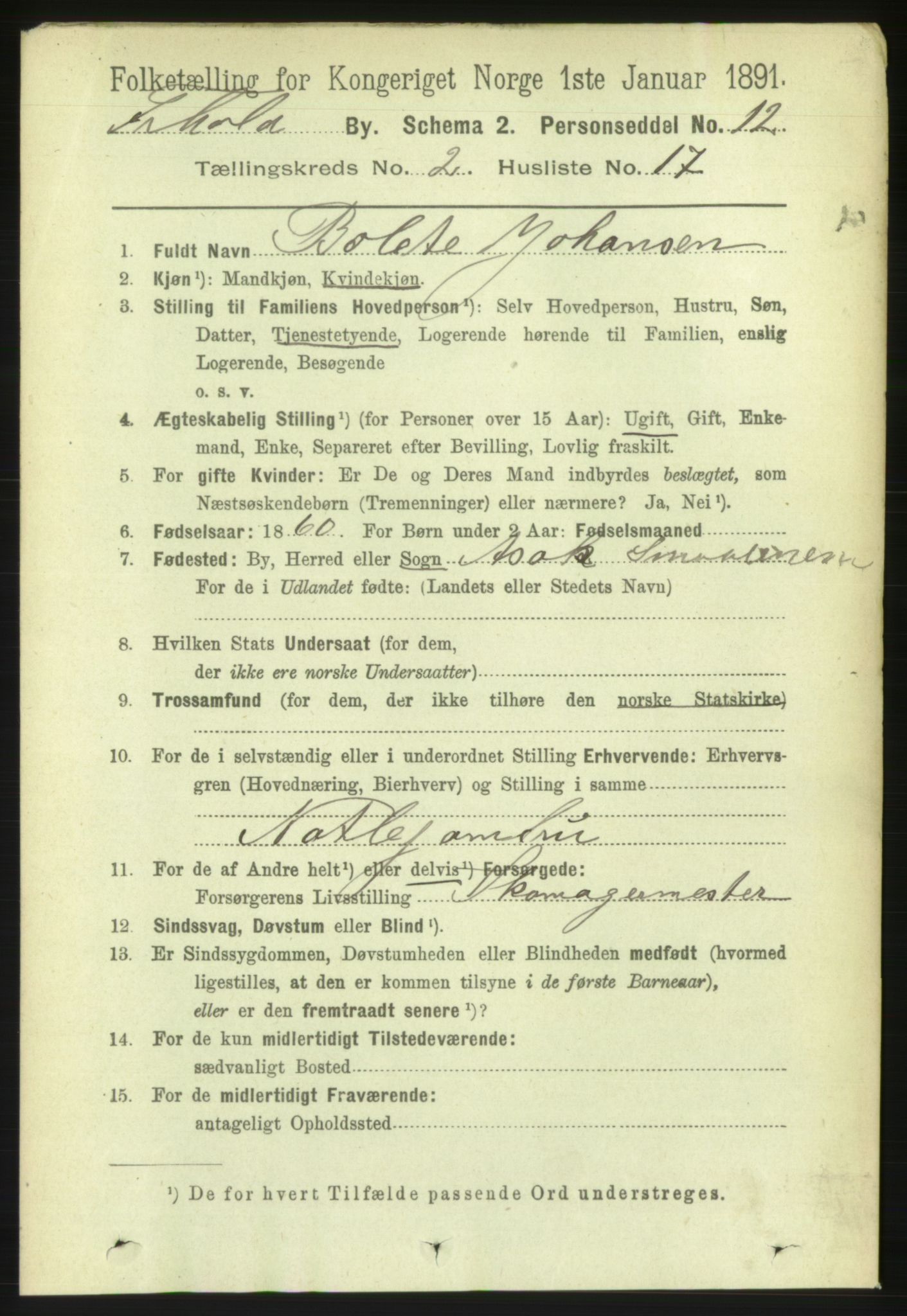 RA, 1891 census for 0101 Fredrikshald, 1891, p. 2858