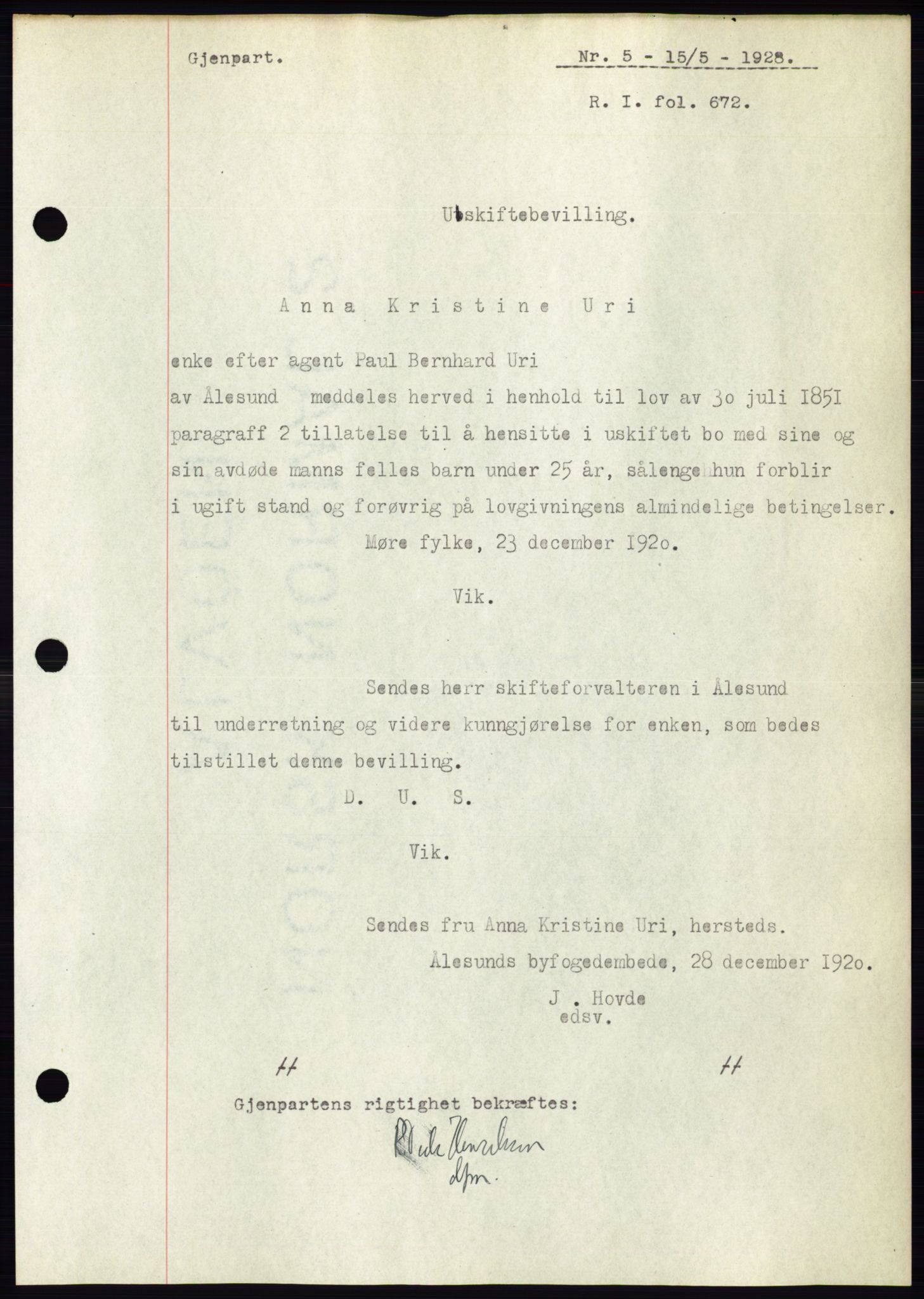 Ålesund byfogd, AV/SAT-A-4384: Mortgage book no. 24, 1928-1929, Deed date: 15.05.1928