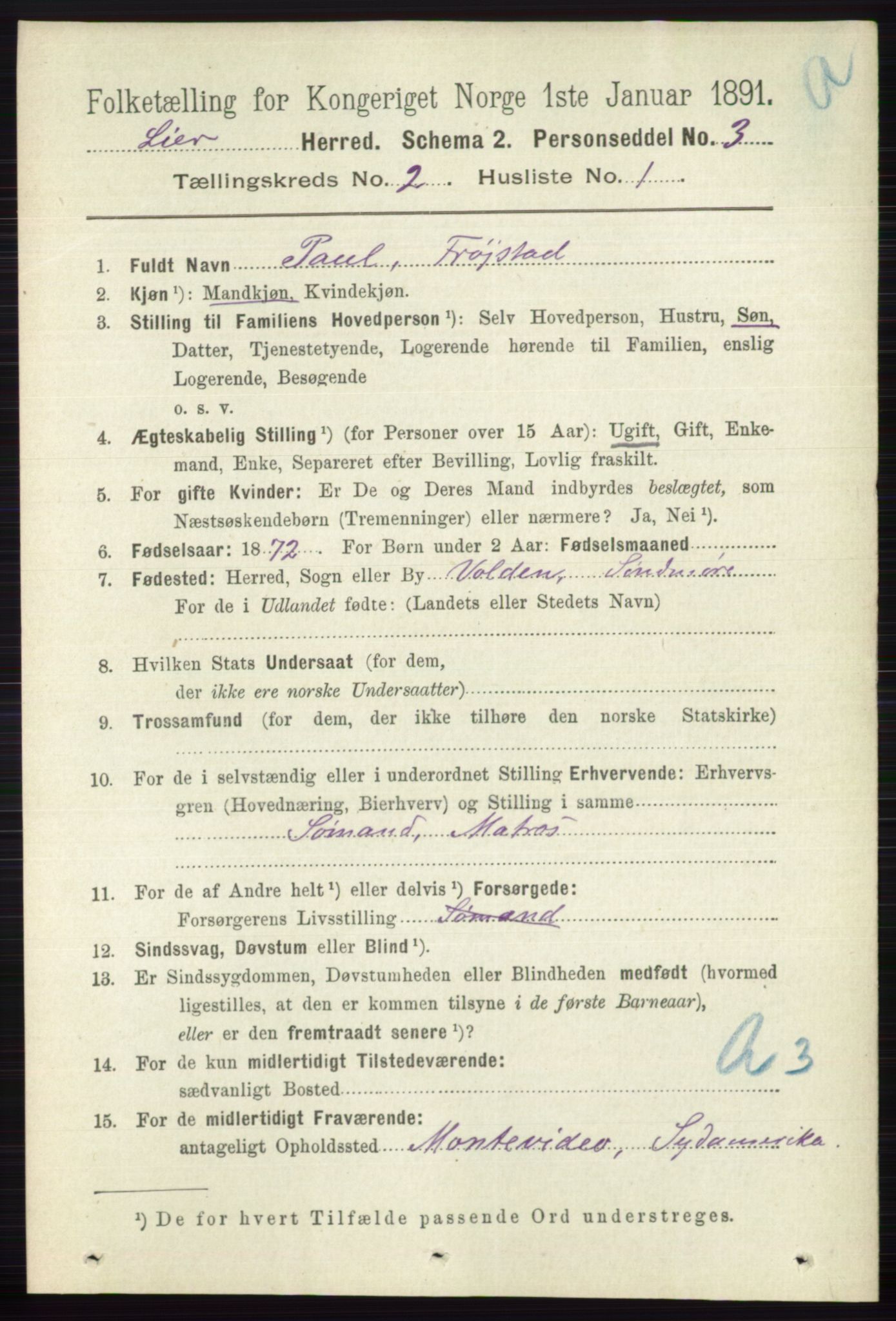 RA, 1891 census for 0626 Lier, 1891, p. 1578