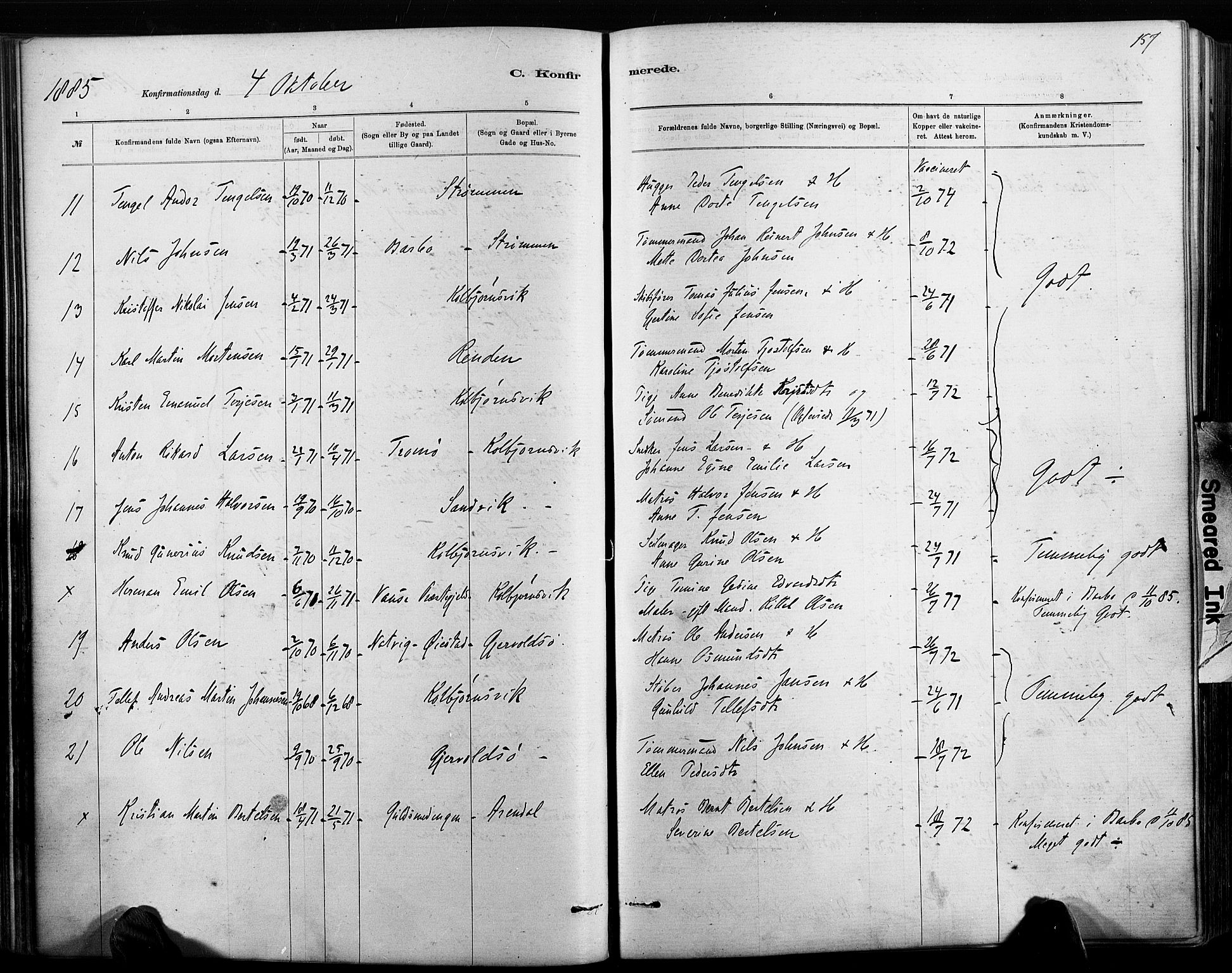 Hisøy sokneprestkontor, AV/SAK-1111-0020/F/Fa/L0003: Parish register (official) no. A 3, 1881-1894, p. 157