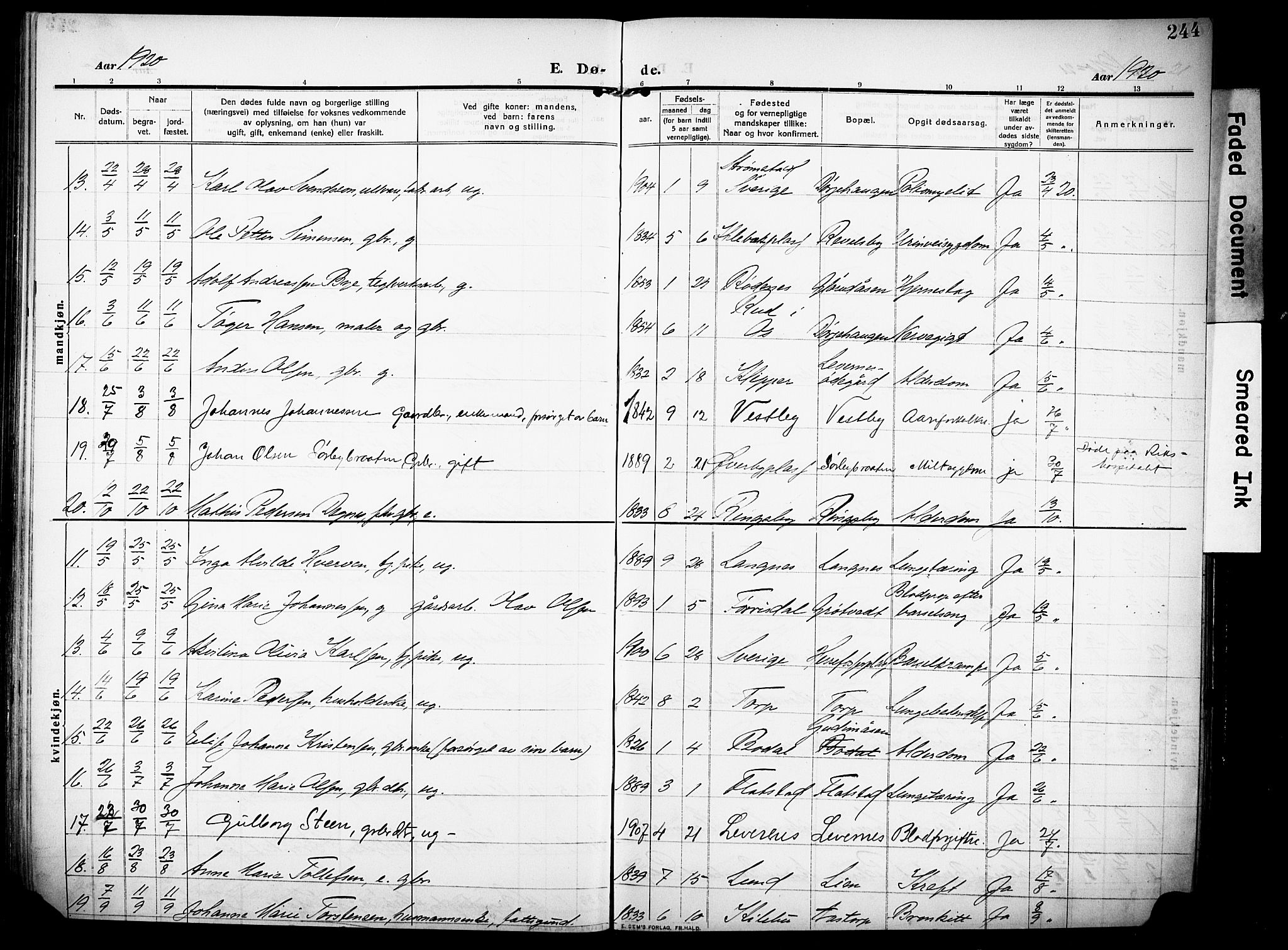 Rakkestad prestekontor Kirkebøker, AV/SAO-A-2008/F/Fa/L0015: Parish register (official) no. I 15, 1909-1922, p. 244