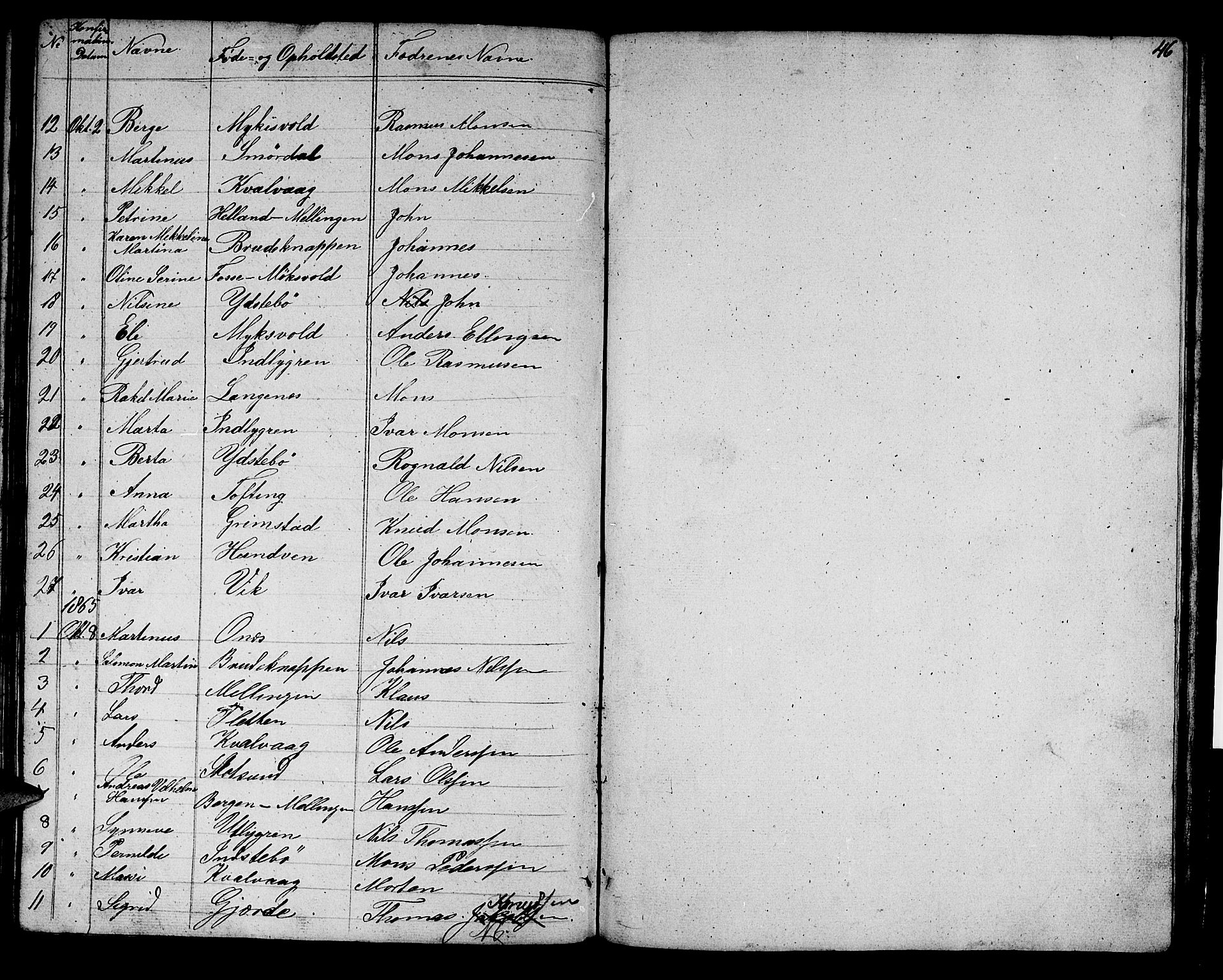 Alversund Sokneprestembete, SAB/A-73901/H/Ha/Hab: Parish register (copy) no. B 1, 1852-1865, p. 46