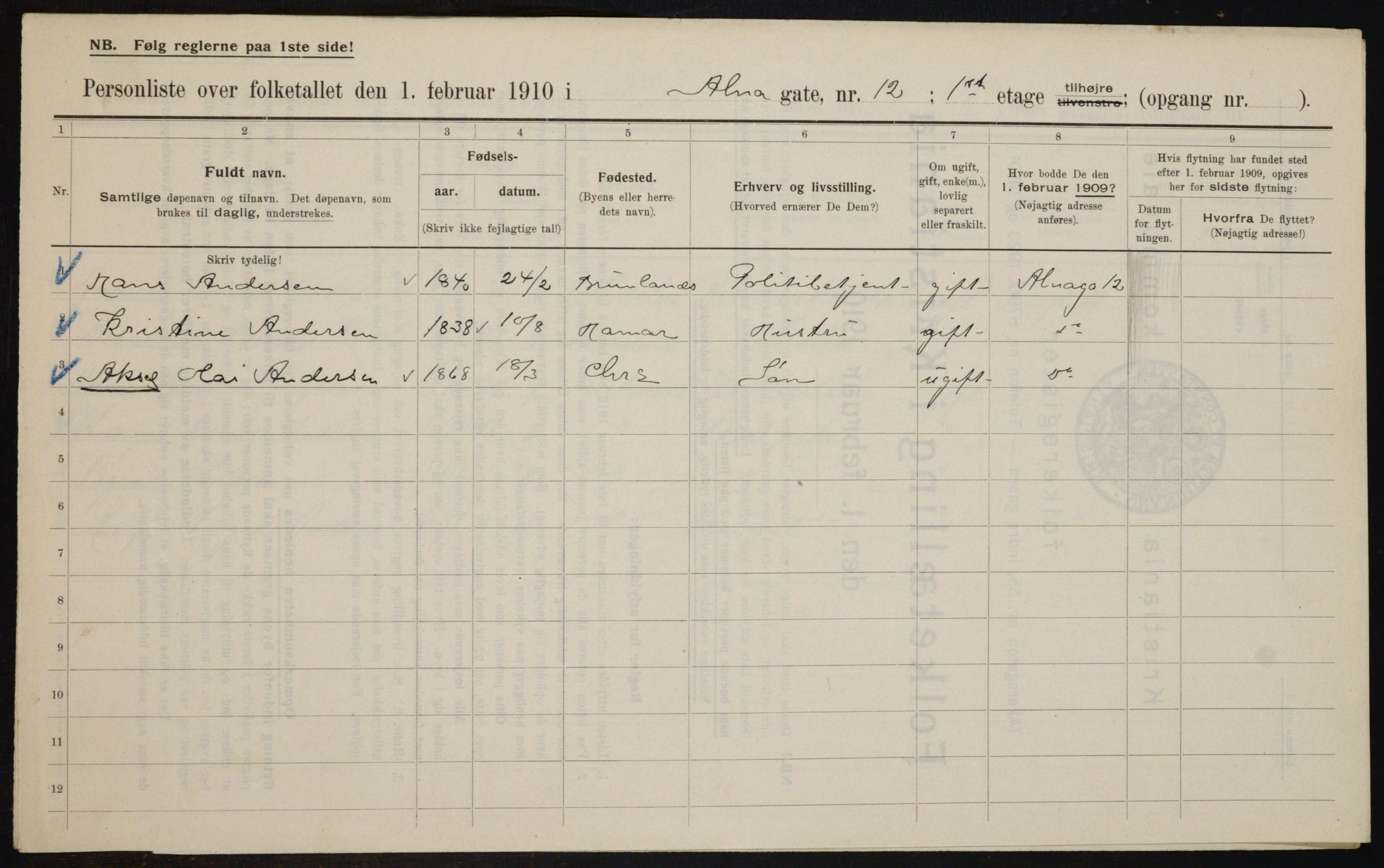 OBA, Municipal Census 1910 for Kristiania, 1910, p. 1184