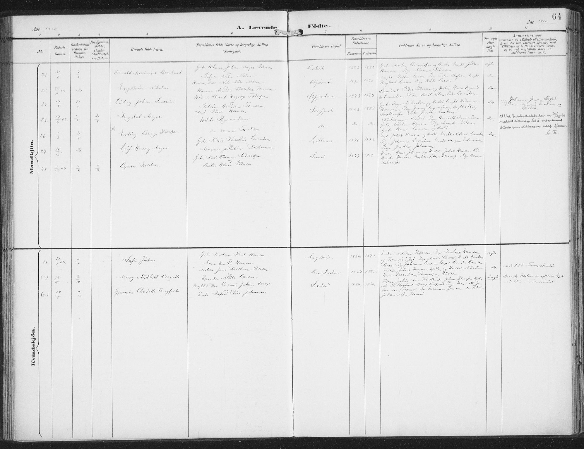 Lenvik sokneprestembete, SATØ/S-1310/H/Ha/Haa/L0015kirke: Parish register (official) no. 15, 1896-1915, p. 64