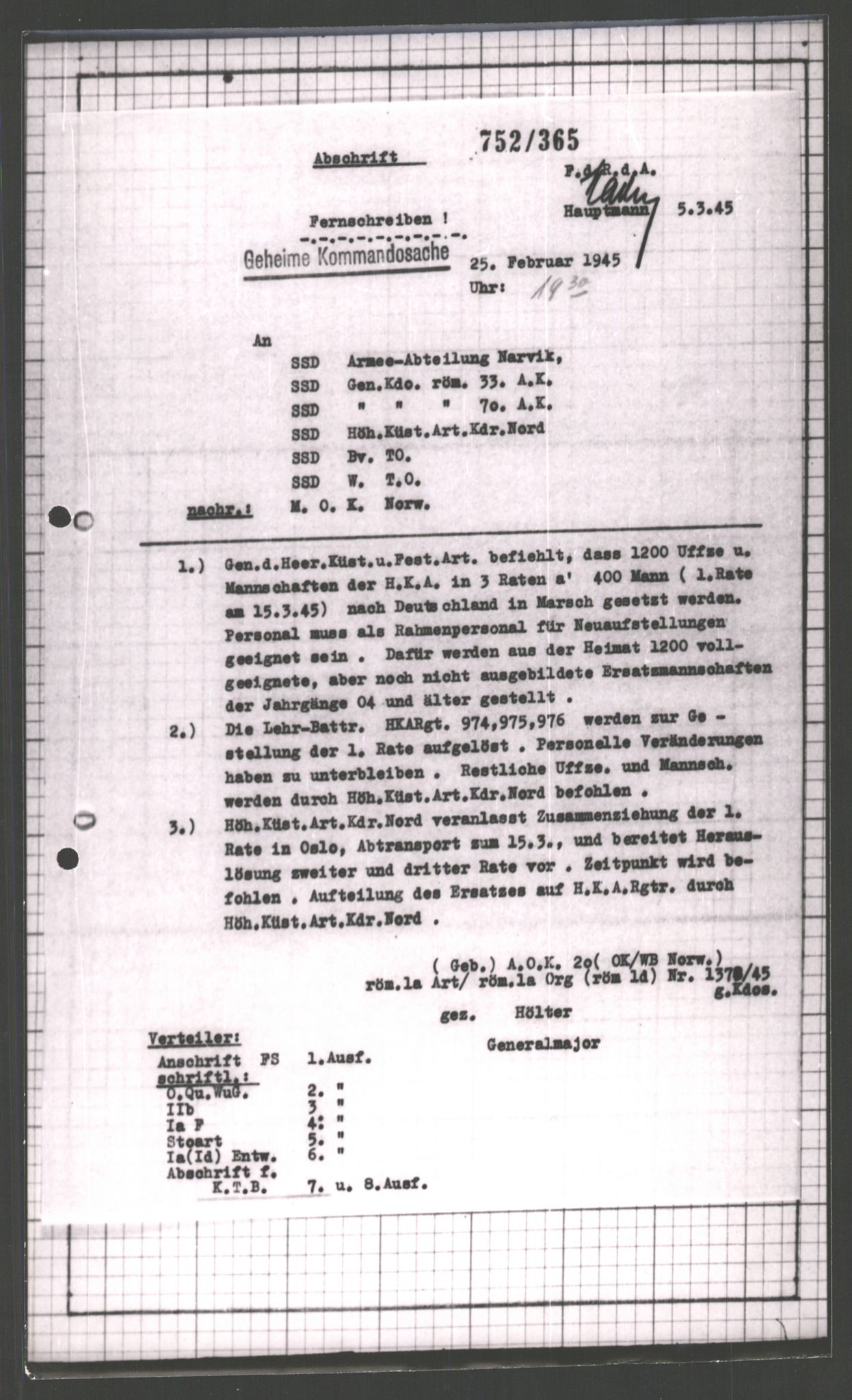 Forsvarets Overkommando. 2 kontor. Arkiv 11.4. Spredte tyske arkivsaker, AV/RA-RAFA-7031/D/Dar/Dara/L0003: Krigsdagbøker for 20. Gebirgs-Armee-Oberkommando (AOK 20), 1945, p. 274