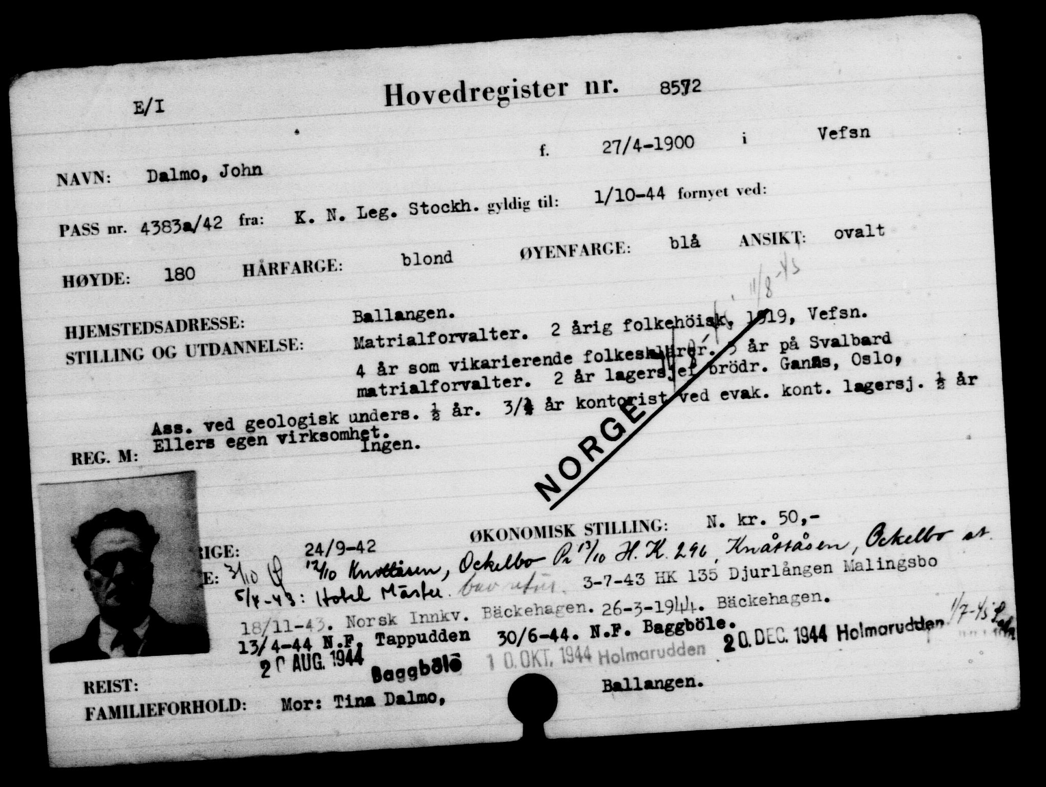 Utenriksstasjonene, Legasjonen i Stockholm, Flyktningkontoret, AV/RA-S-6753/V/Va/L0005: Kjesäterkartoteket, flyktninger med registreringsnr. 6600-9417, 1940-1945, p. 2302