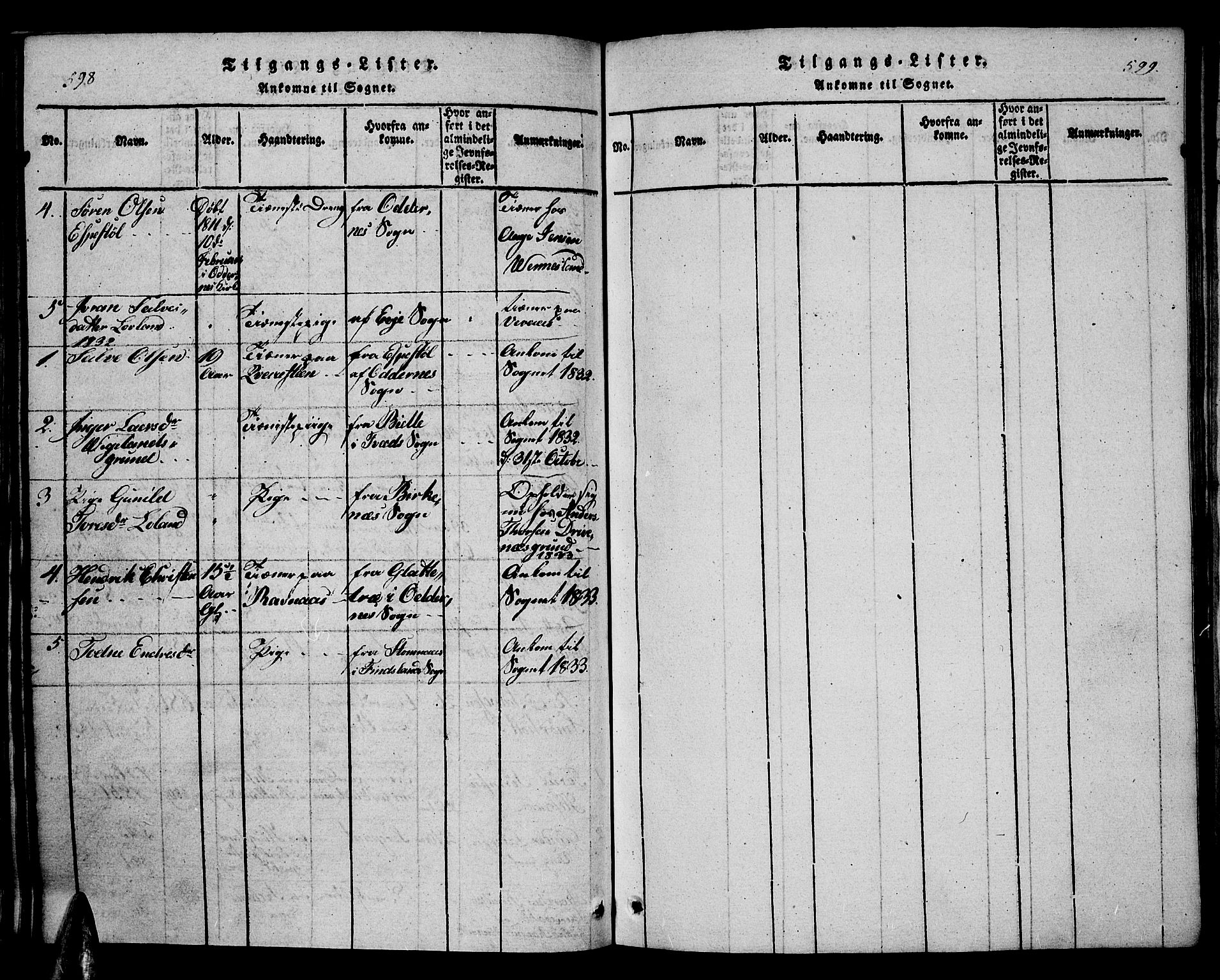 Vennesla sokneprestkontor, SAK/1111-0045/Fb/Fbb/L0001: Parish register (copy) no. B 1, 1820-1834, p. 598-599